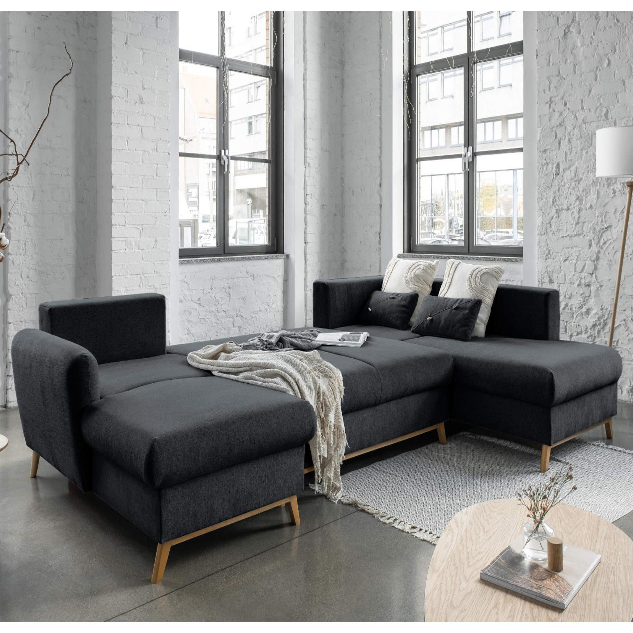Voir la diapositive 3 : BEST MOBILIER Lagom - canapé d'angle panoramique - convertible - avec coffre - en tissu - 7 places - droit