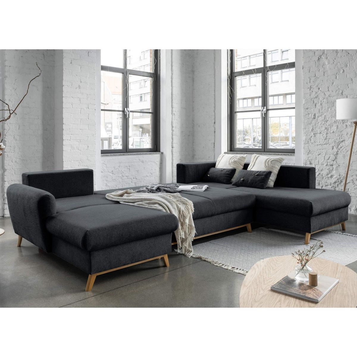 BEST MOBILIER Lagom - canapé d'angle panoramique - convertible - avec coffre - en tissu - 7 places - droit