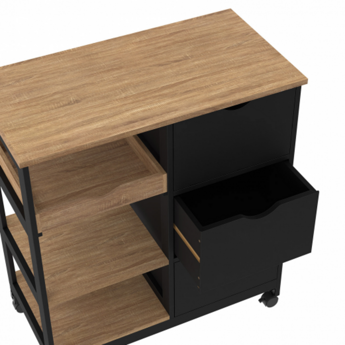 ID MARKET Desserte de cuisine MUNA 3 paniers + 1 plateau amovible noir et effet hêtre L.76 cm