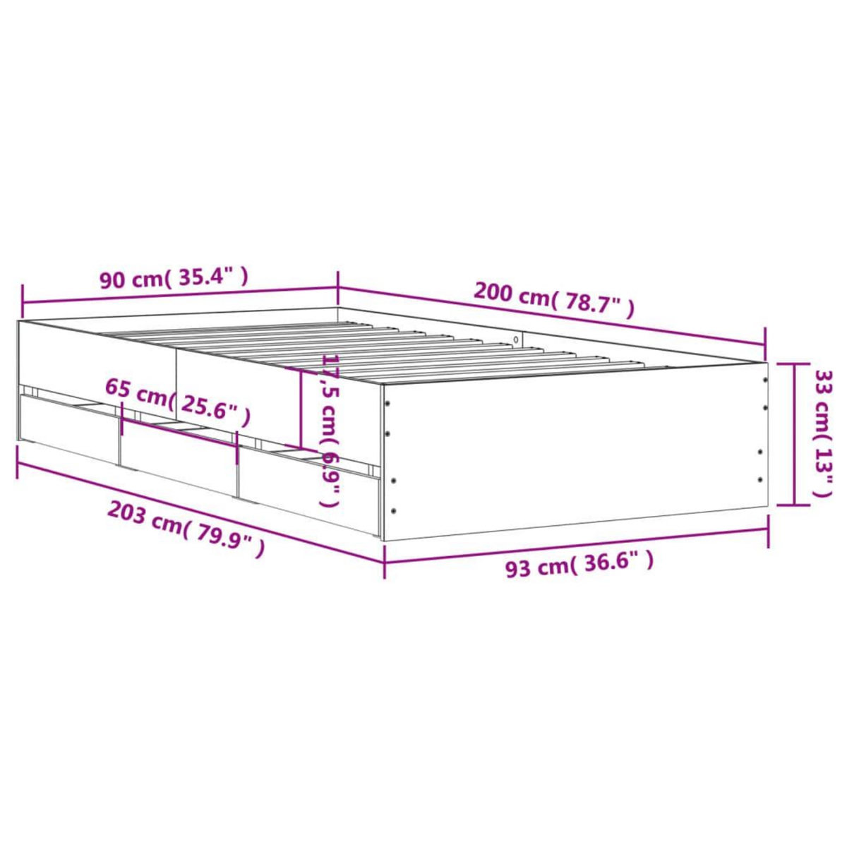 VIDAXL Cadre de lit avec tiroirs sans matelas chene fume 90x200 cm