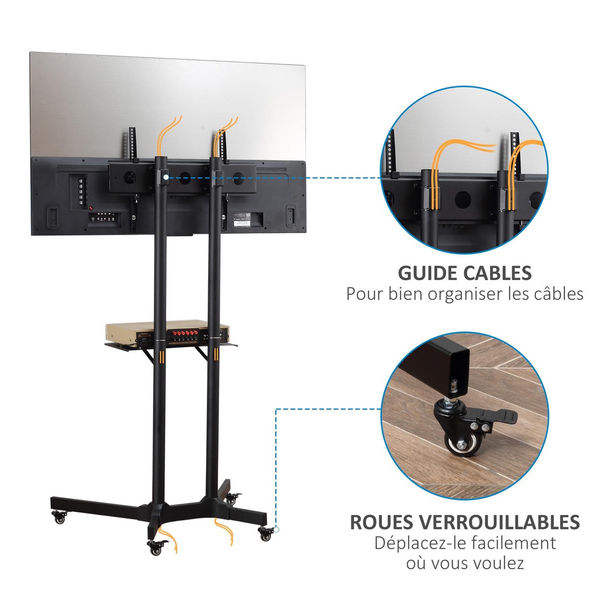 HOMCOM HOMCOM Support TV sur roulettes meuble TV roulant pour écran 32-65 pouces hauteur et angle réglable charge max. 50 Kg châssis acier noir