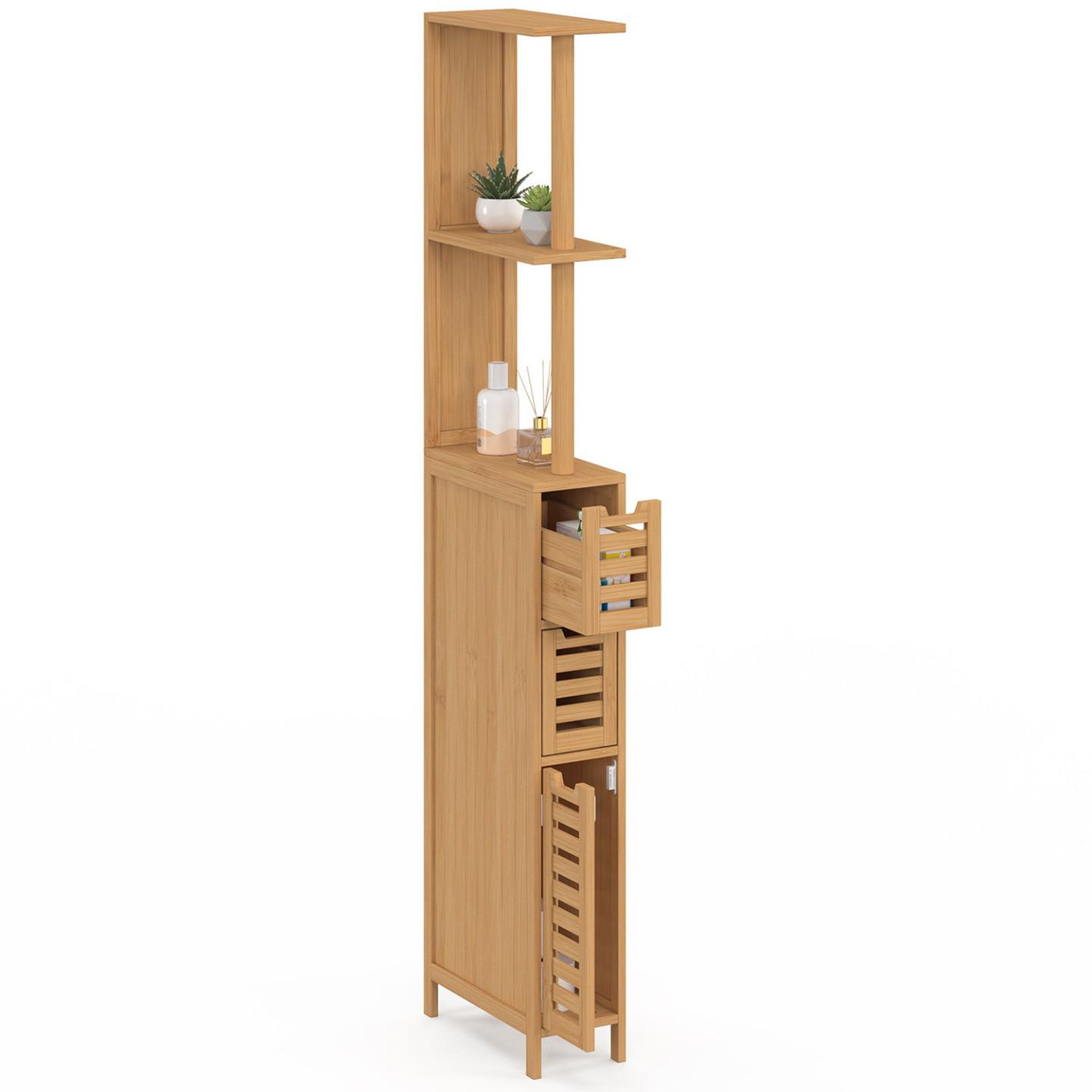 Voir la diapositive 4 : ID MARKET Meuble wc 1 porte 2 tiroirs bambou bea avec étagères
