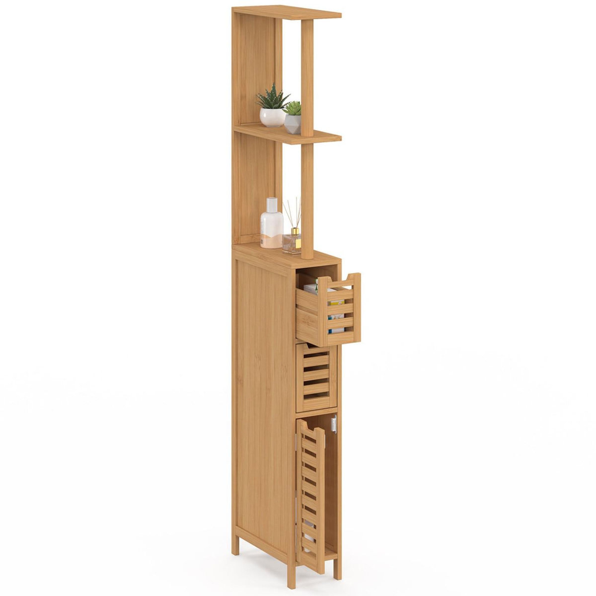 ID MARKET Meuble WC 1 porte 2 tiroirs bambou BEA avec étagères