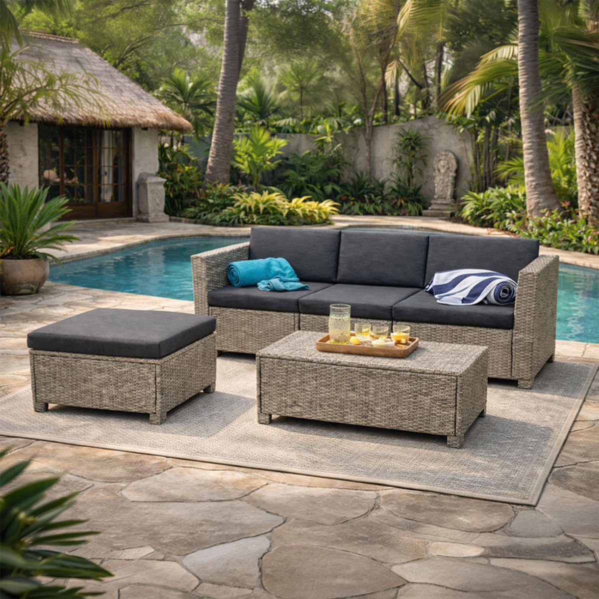 CONCEPT USINE Salon de jardin 4 places en résine tressée gris et noir BALLENY