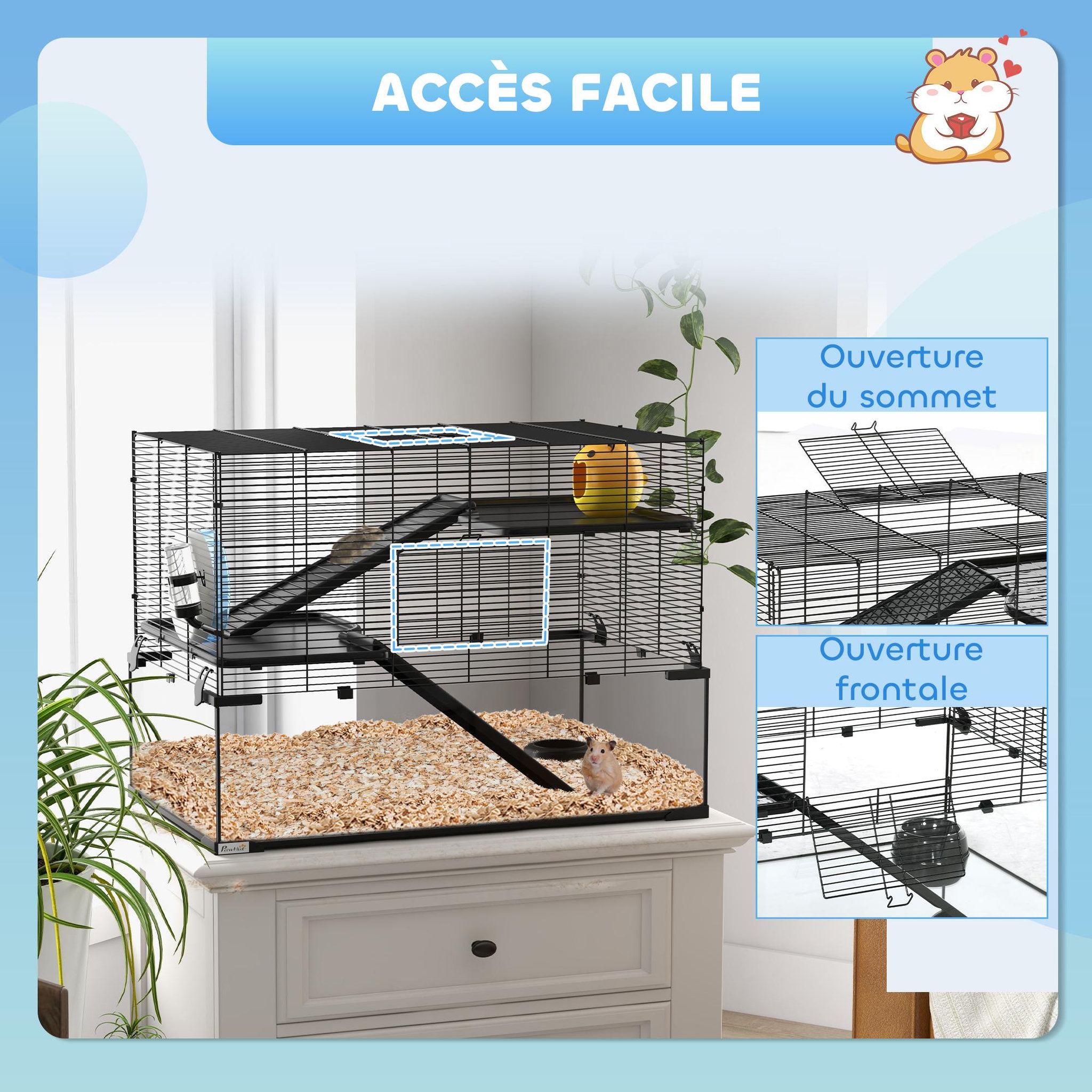 Voir la diapositive 6 : PAWHUT Cage hamster rongeur 3 niveaux 76 x 48 x 54 cm - roue, rampes, maisonnette, abreuvoir, mangeoire - noir