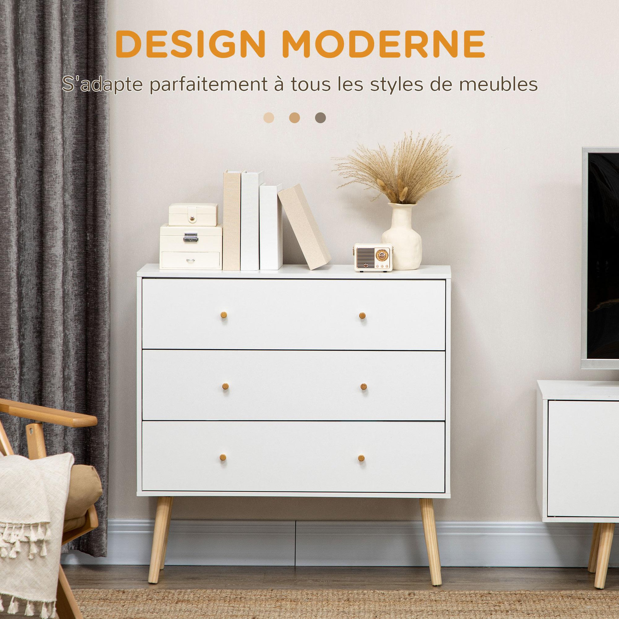 Voir la diapositive 5 : HOMCOM Commode 3 tiroirs design scandinave piètement effilé incliné bois pin panneaux blanc