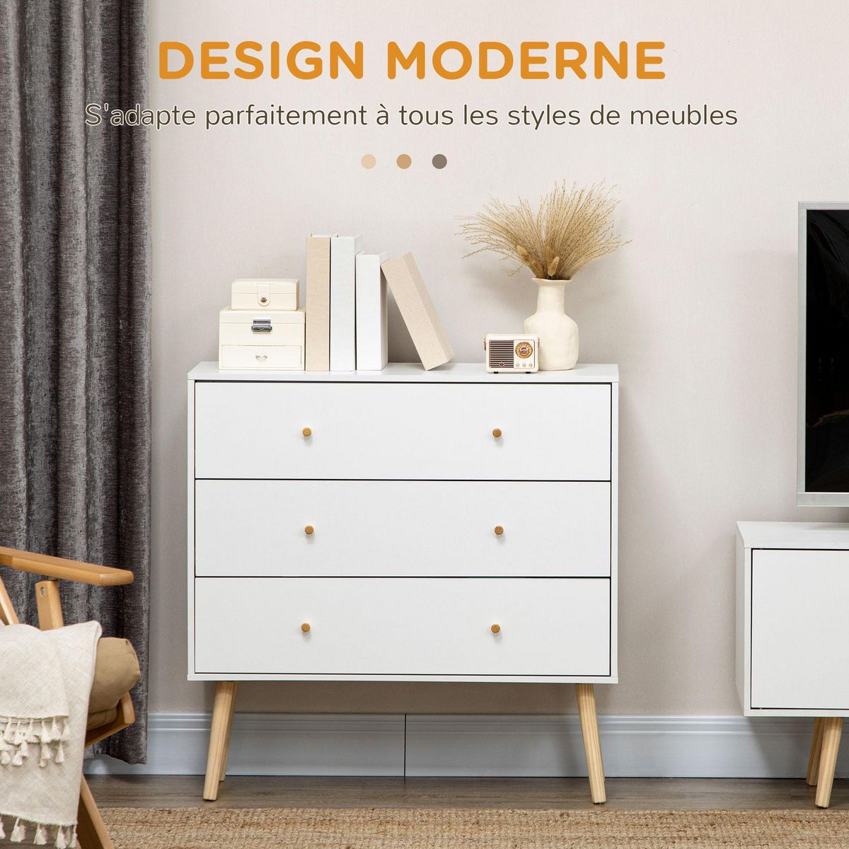 HOMCOM Commode 3 tiroirs design scandinave piètement effilé incliné bois pin panneaux blanc