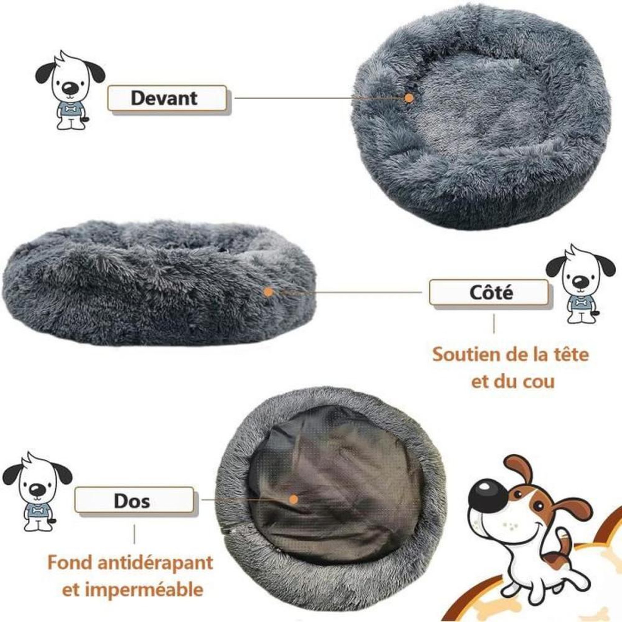 Voir la diapositive 3 : Coussin pour animaux Donut rond 60 cm gris foncé antidérapant