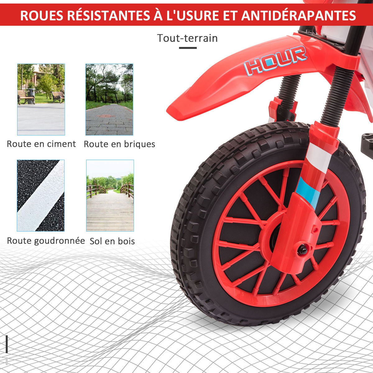 HOMCOM Moto cross électrique enfant 3 à 5 ans 12 V 3-8 Km/h  avec roulettes latérales amovibles dim. 106,5L x 51,5l x 68H cm rouge