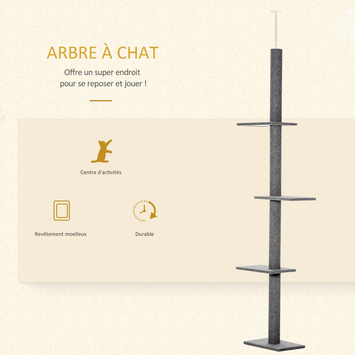 PAWHUT Arbre à chat poteau à griffer hauteur réglable dim. 43L x 27I x 228-260H cm 4 niveaux d'activités gris clair