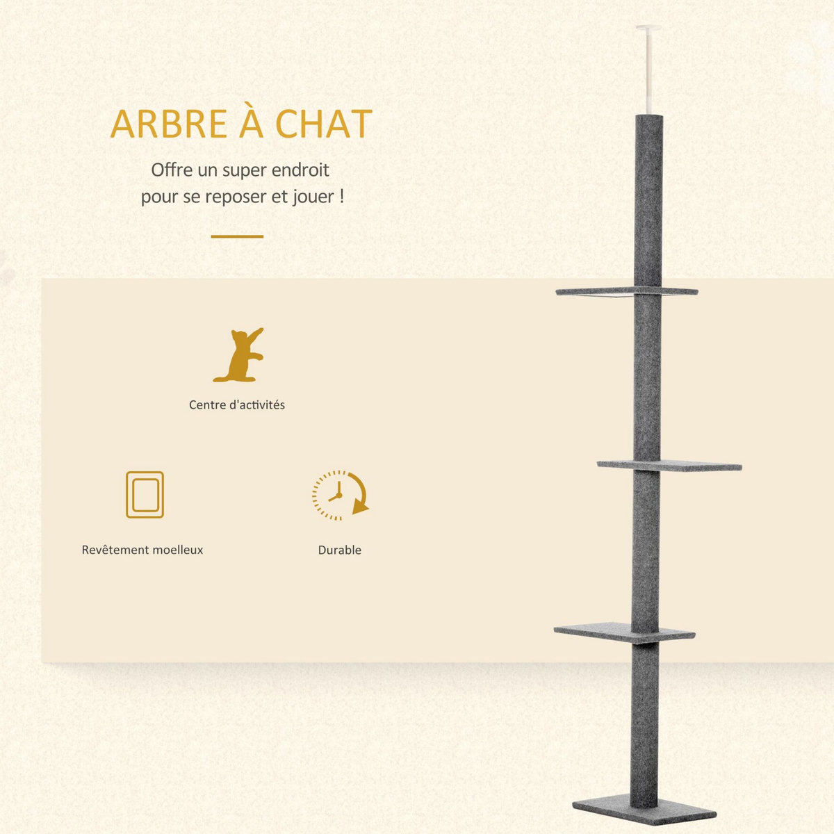 PAWHUT Arbre à chat poteau à griffer hauteur réglable dim. 43L x 27I x 228-260H cm 4 niveaux d'activités gris clair