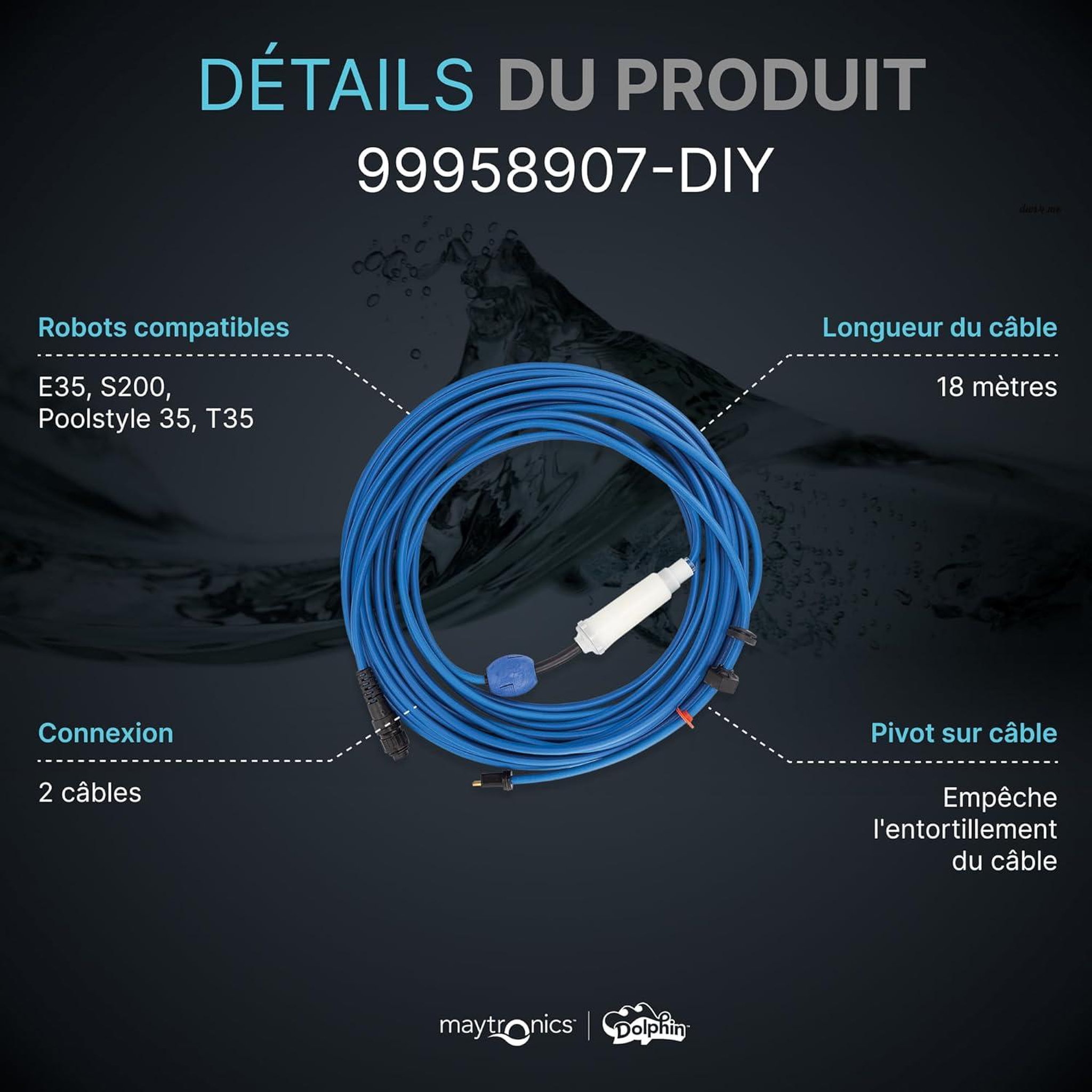 Voir la diapositive 3 : Dolphin Cable d'alimenation avec swivel 18m diy pour robot dolphin e35 et t35 - 99958907-diy