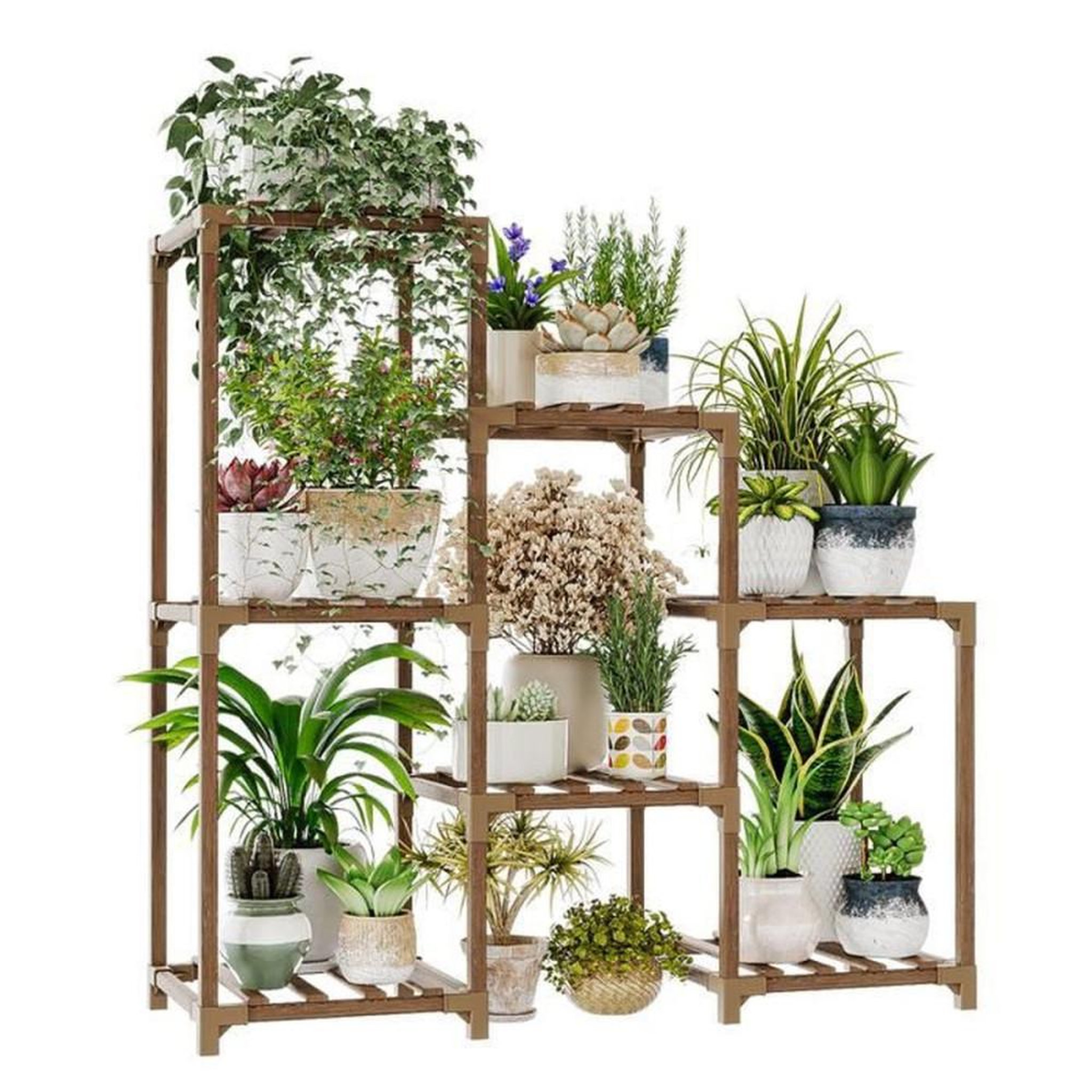 Support à plantes en échelle en eucalyptus carbonisé, jusqu'à 7 pots, montage sans vis