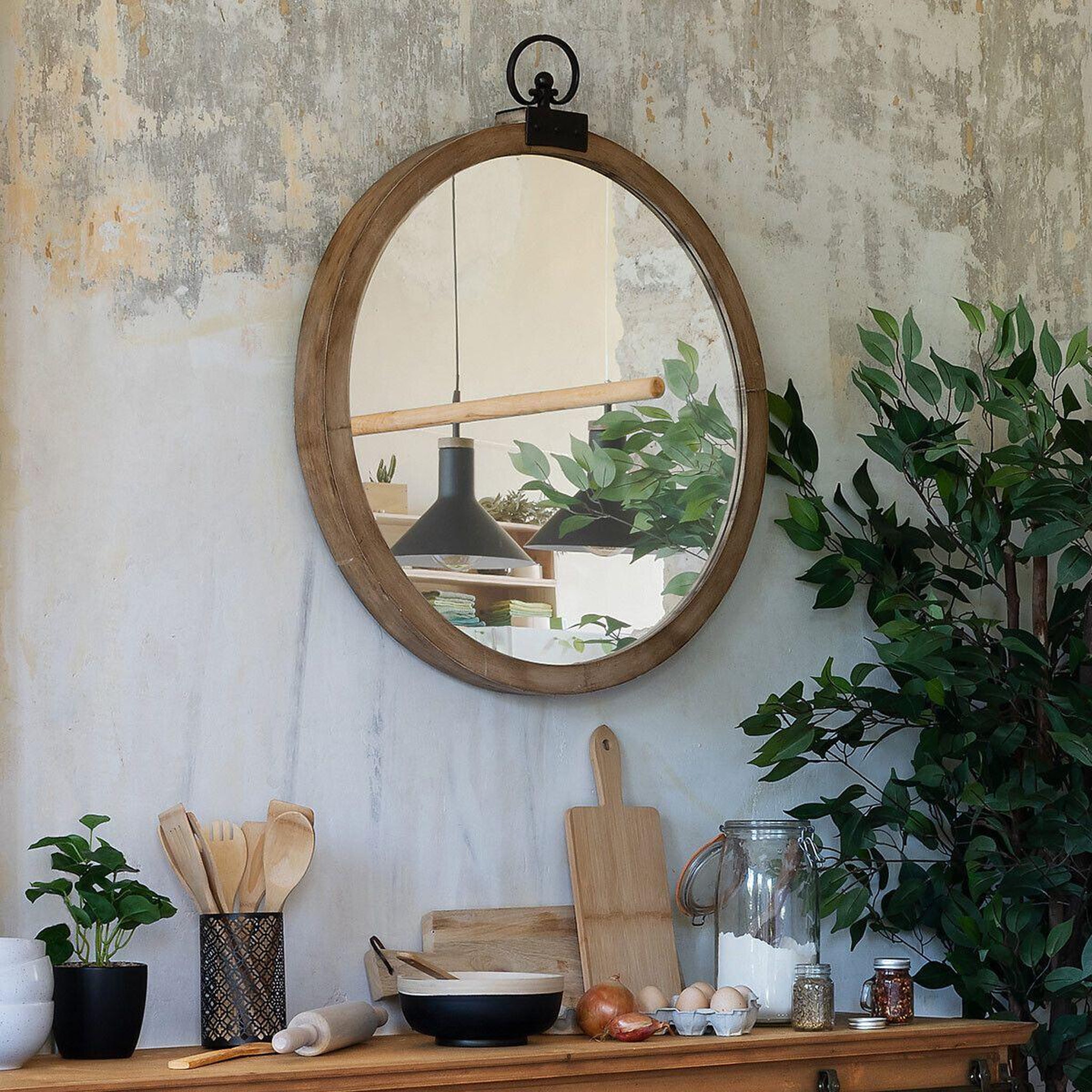 Voir la diapositive 3 : ATMOSPHERA Miroir mural vintage  gousset  73cm marron