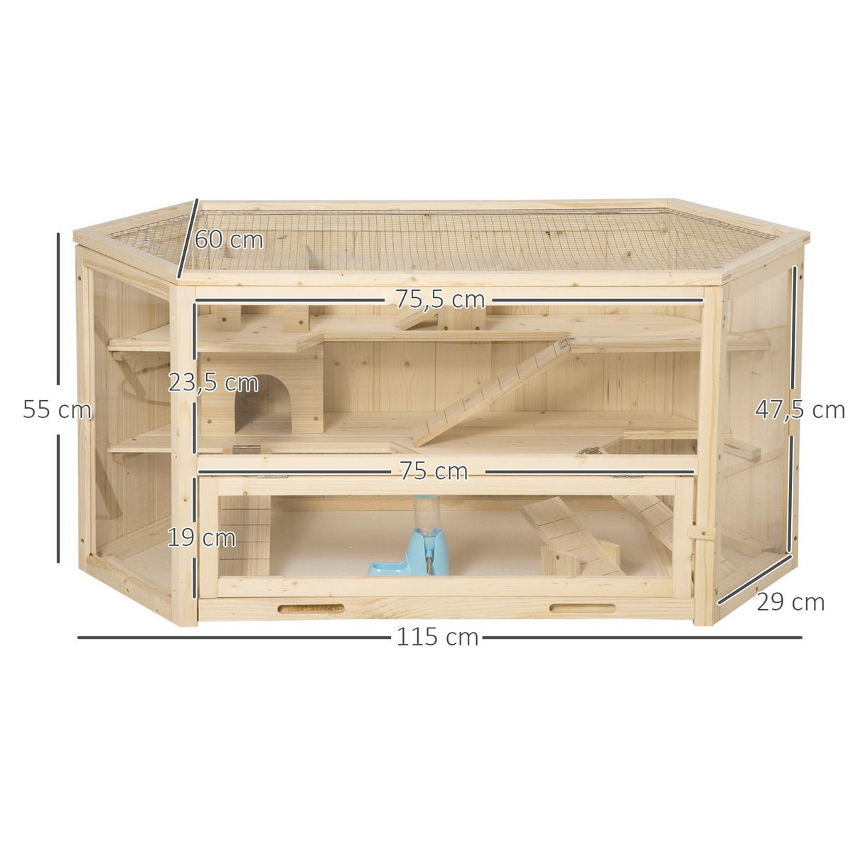 PAWHUT Cage pour hamster 2 étages dim. 115x60x55cm bascules biberon eau fenêtres cabanes toit ouvrable plateau déjection bois