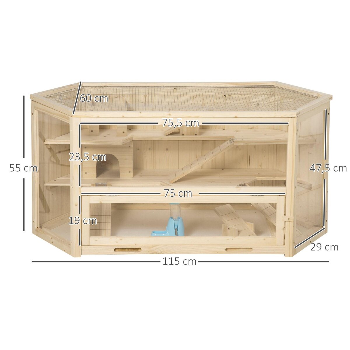 PAWHUT Cage pour hamster 2 étages dim. 115x60x55cm bascules biberon eau fenêtres cabanes toit ouvrable plateau déjection bois