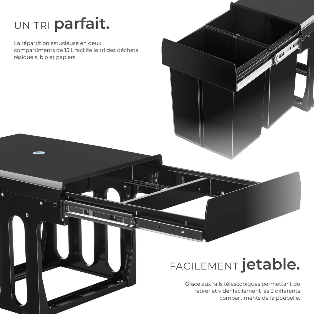 tectake Poubelle de tri 2 compartiments de 15 L chacun noir