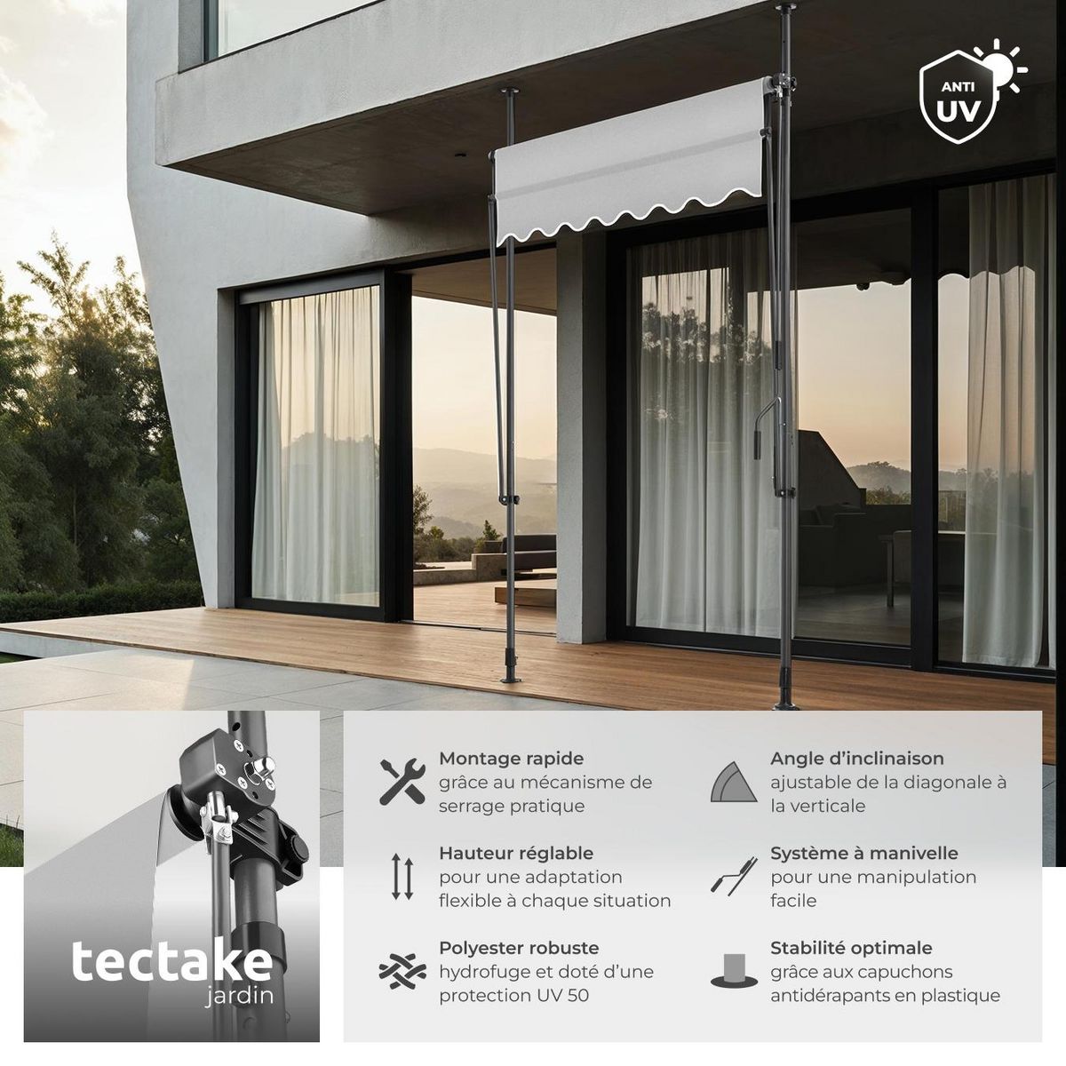 tectake Store à pince sans perçage avec manivelle gris clair 150 x 180 cm