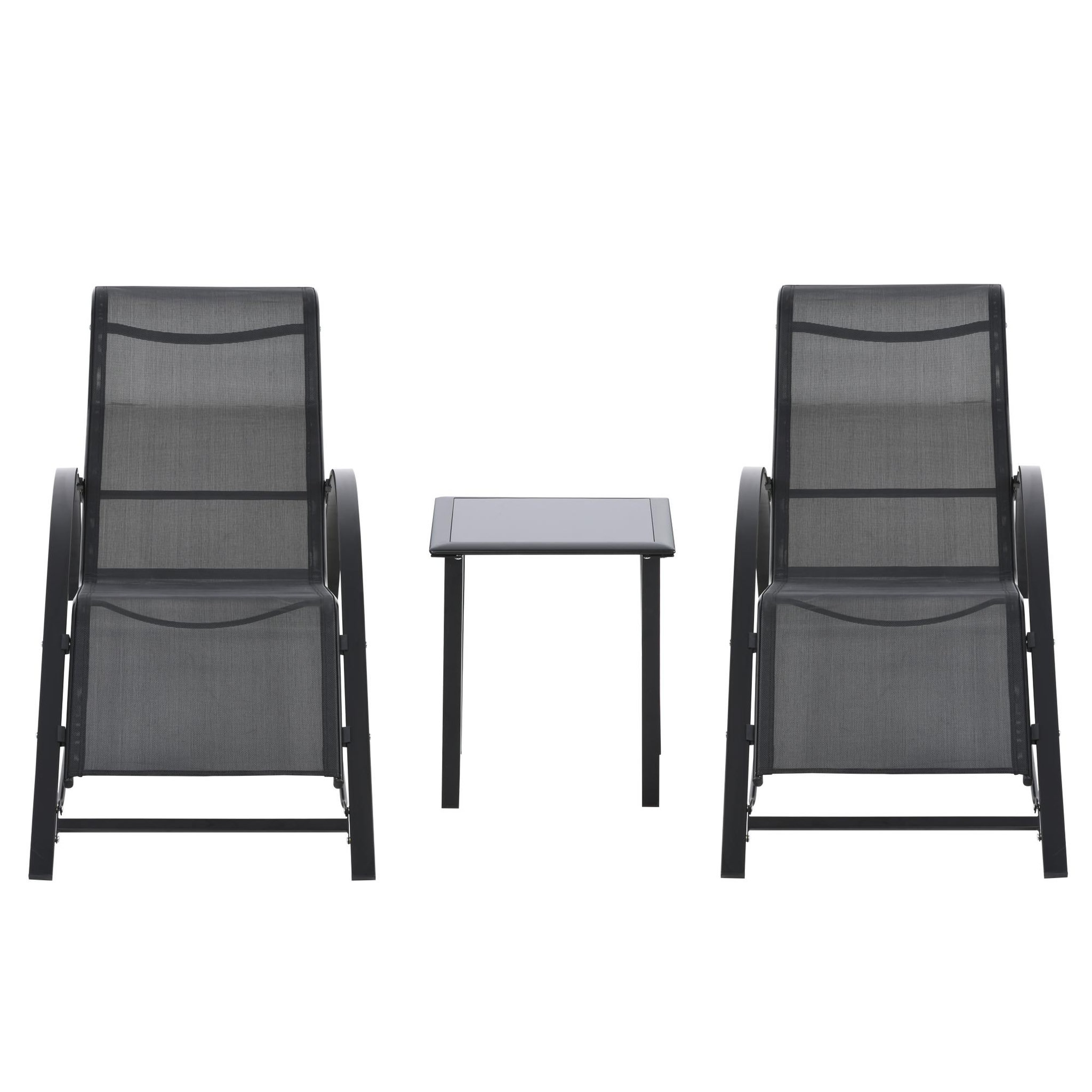 Voir la diapositive 5 : OUTSUNNY Lot de 2 bains de soleil design contemporain table basse plateau verre trempé métal époxy textilène noir