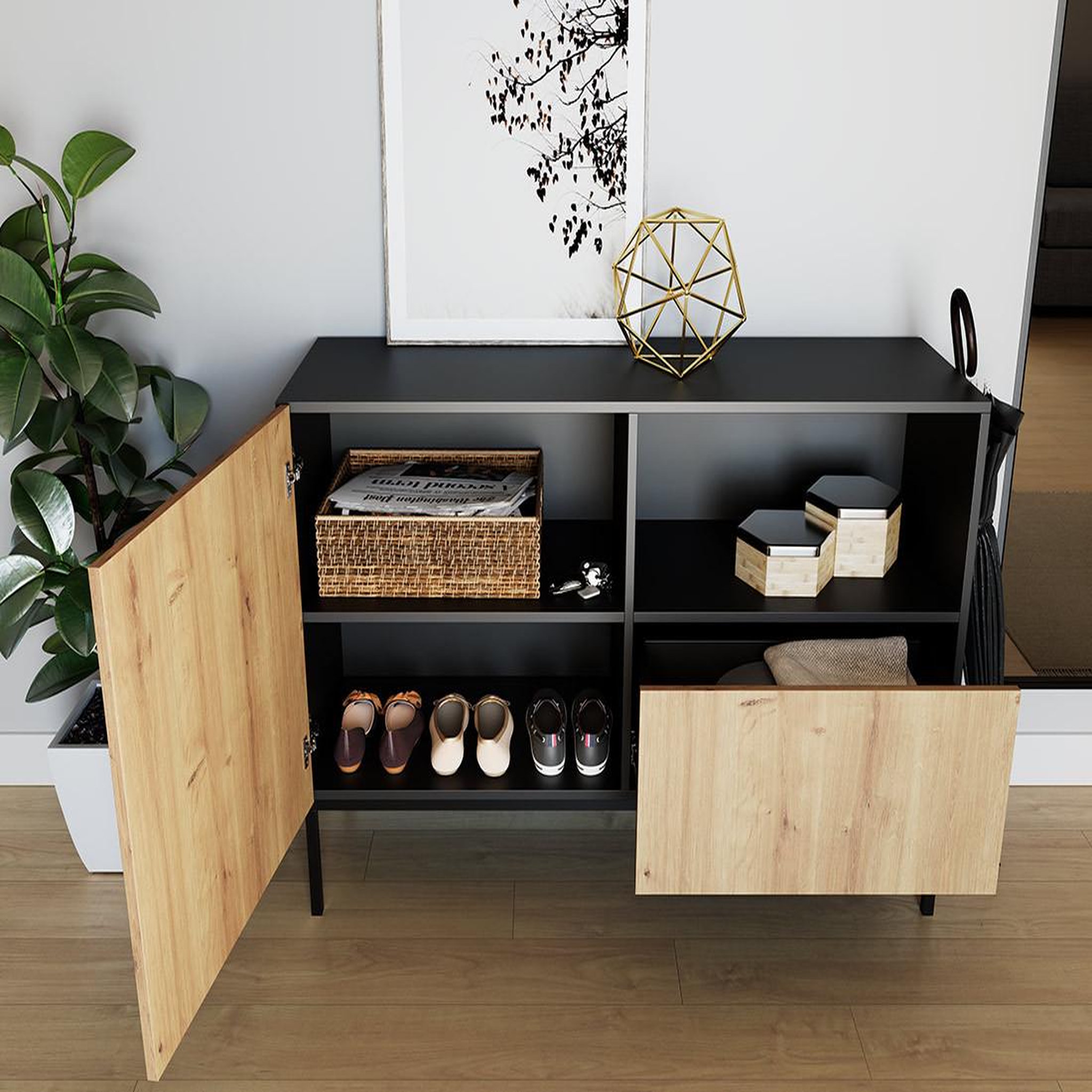 Voir la diapositive 3 : BEST MOBILIER Felicia - buffet bas - effet bois et noir - 1 porte, 1 tiroir et 1 niche - 120 cm