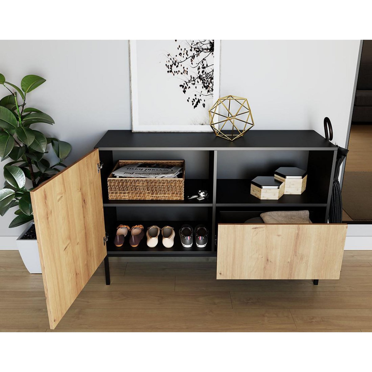 BEST MOBILIER Felicia - buffet bas - effet bois et noir - 1 porte, 1 tiroir et 1 niche - 120 cm
