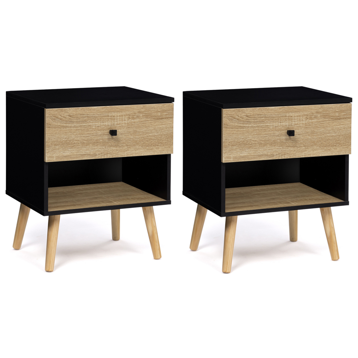ID MARKET Lot de 2 tables de chevet EMMIE scandinaves 1 tiroir avec niche noir et hêtre