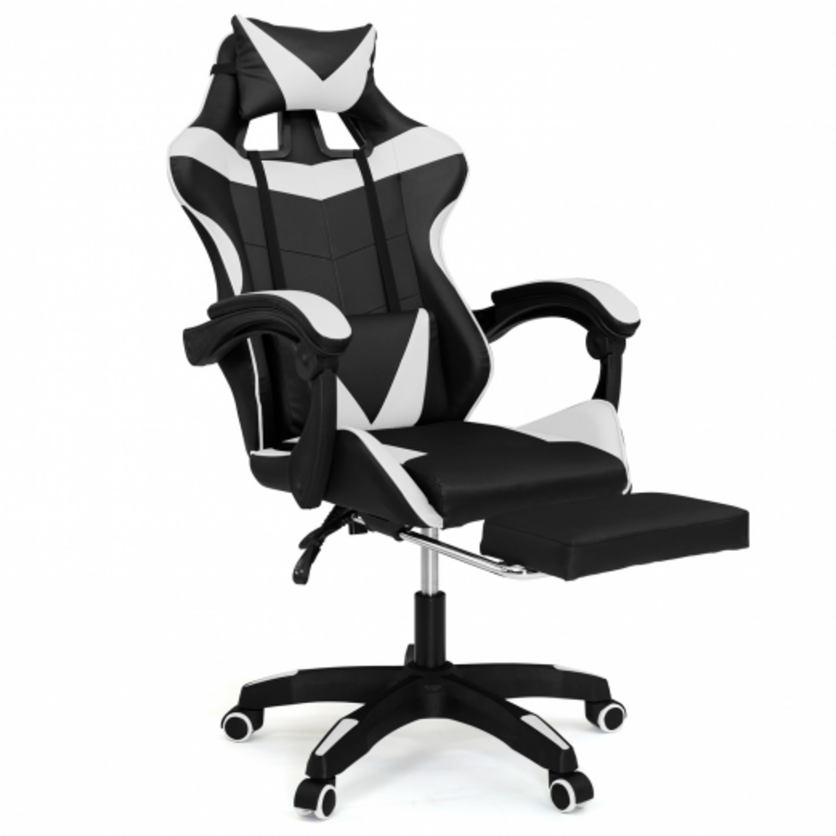 ID MARKET Fauteuil de gaming ALEX réglable avec repose-pied, coussin de tête et coussin lombaire noir et blanc