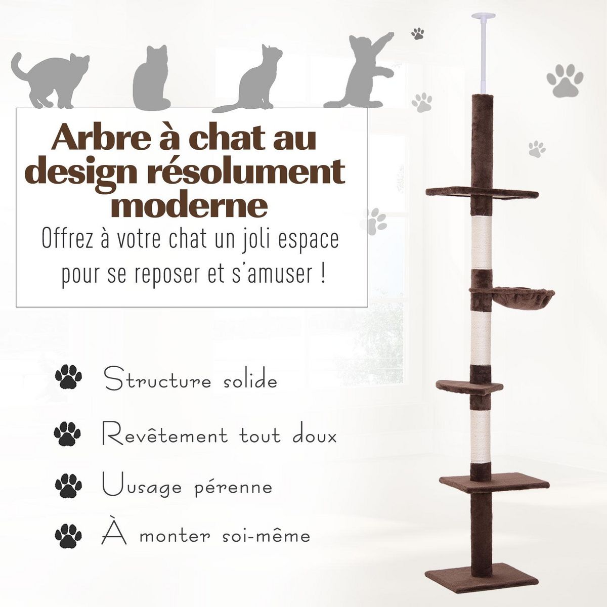 PAWHUT Arbre à chat poteau à griffer L40 x l 34 x H 230-260 cm 5 niveaux d'activités marron