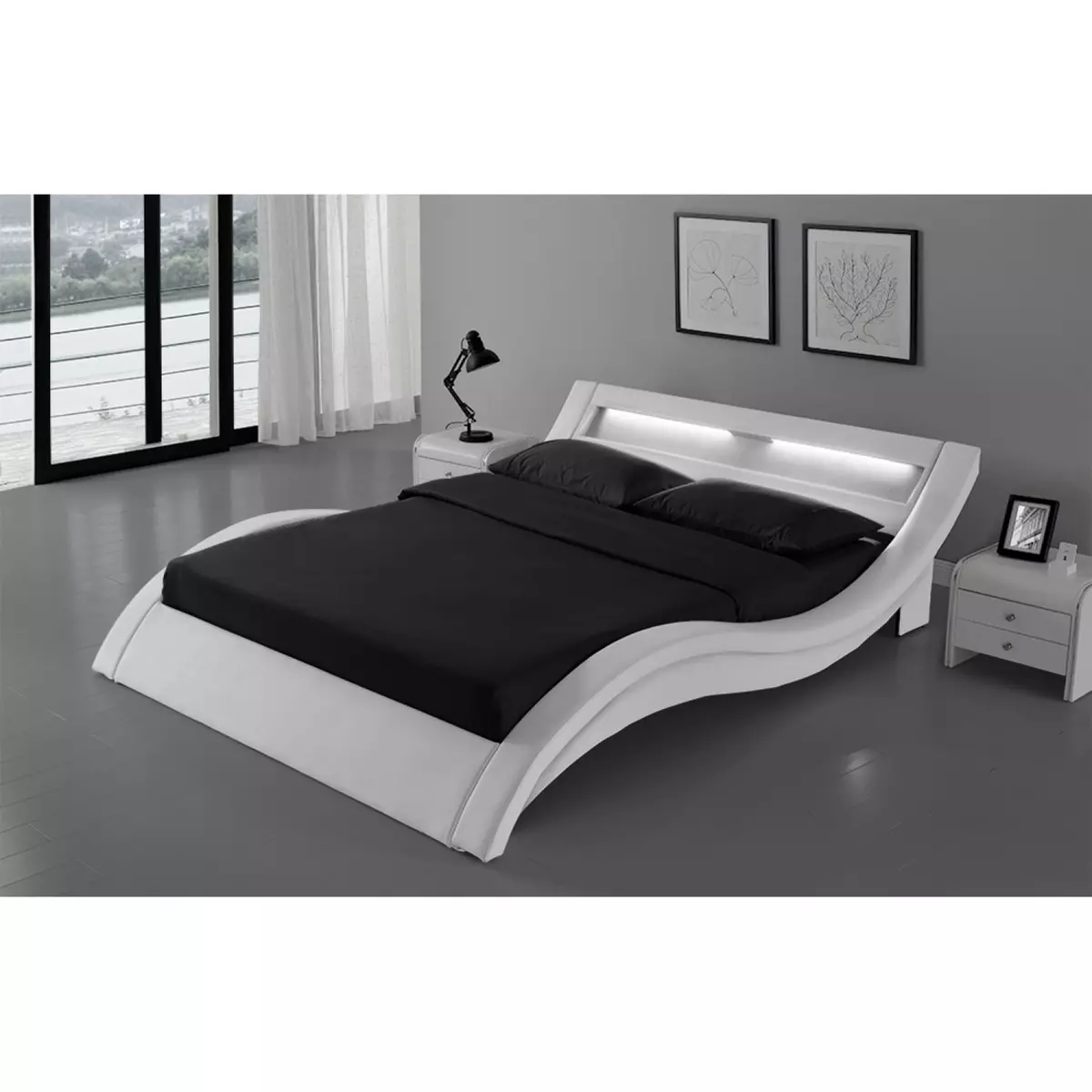 CONCEPT USINE Cadre de lit en PU blanc avec LED intégrées 160x200cm PADDINGTON