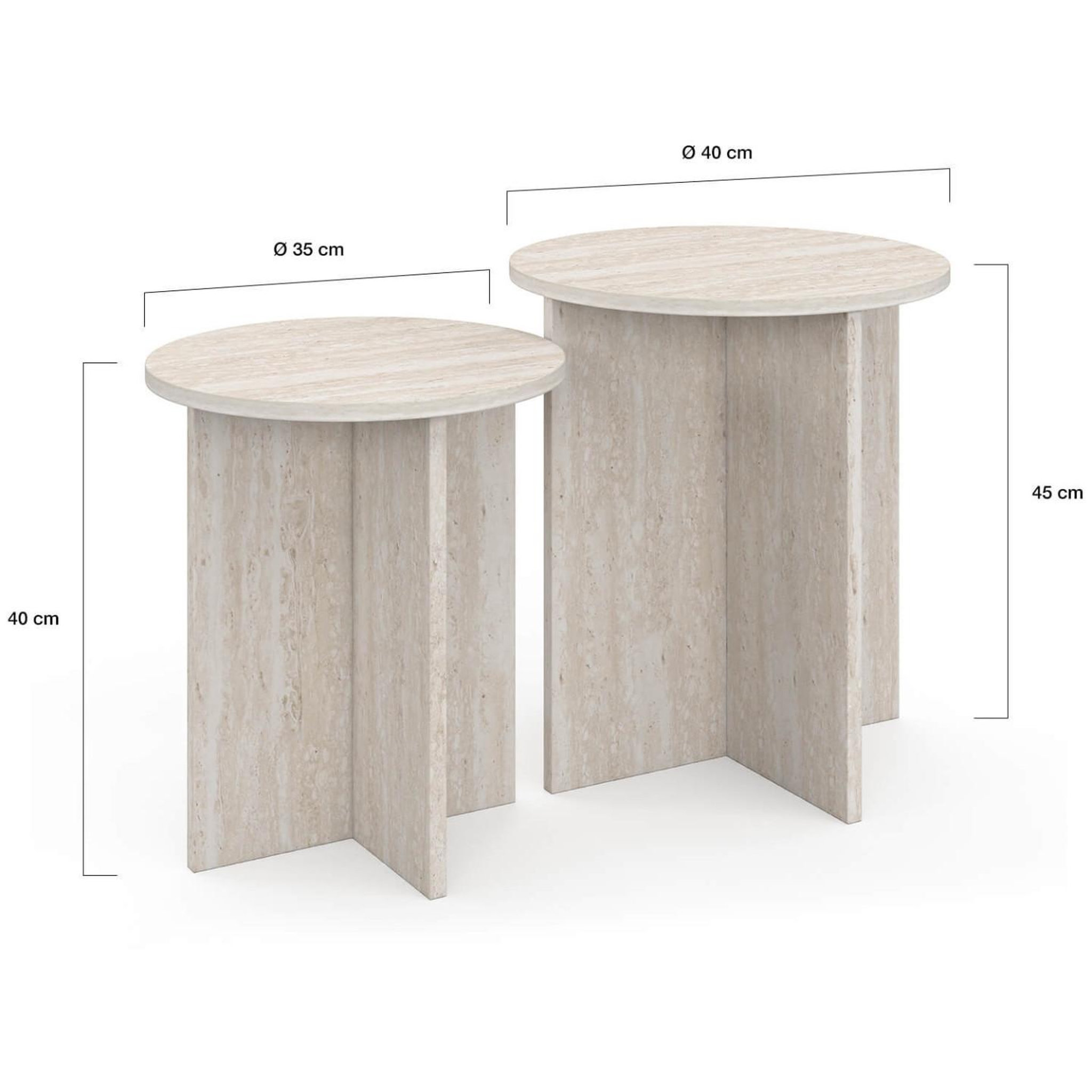 Voir la diapositive 5 : ID MARKET Lot de 2 tables d'appoint rondes, table basse, bouts de canapé, tables de chevet marthe 35/40 cm bois effet travertin