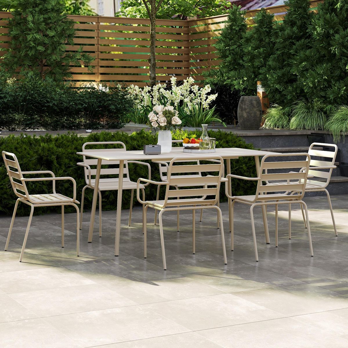 OUTSUNNY Salon de jardin 6 places 7 pièces - table à manger 6 chaises empilables - acier thermolaqué beige