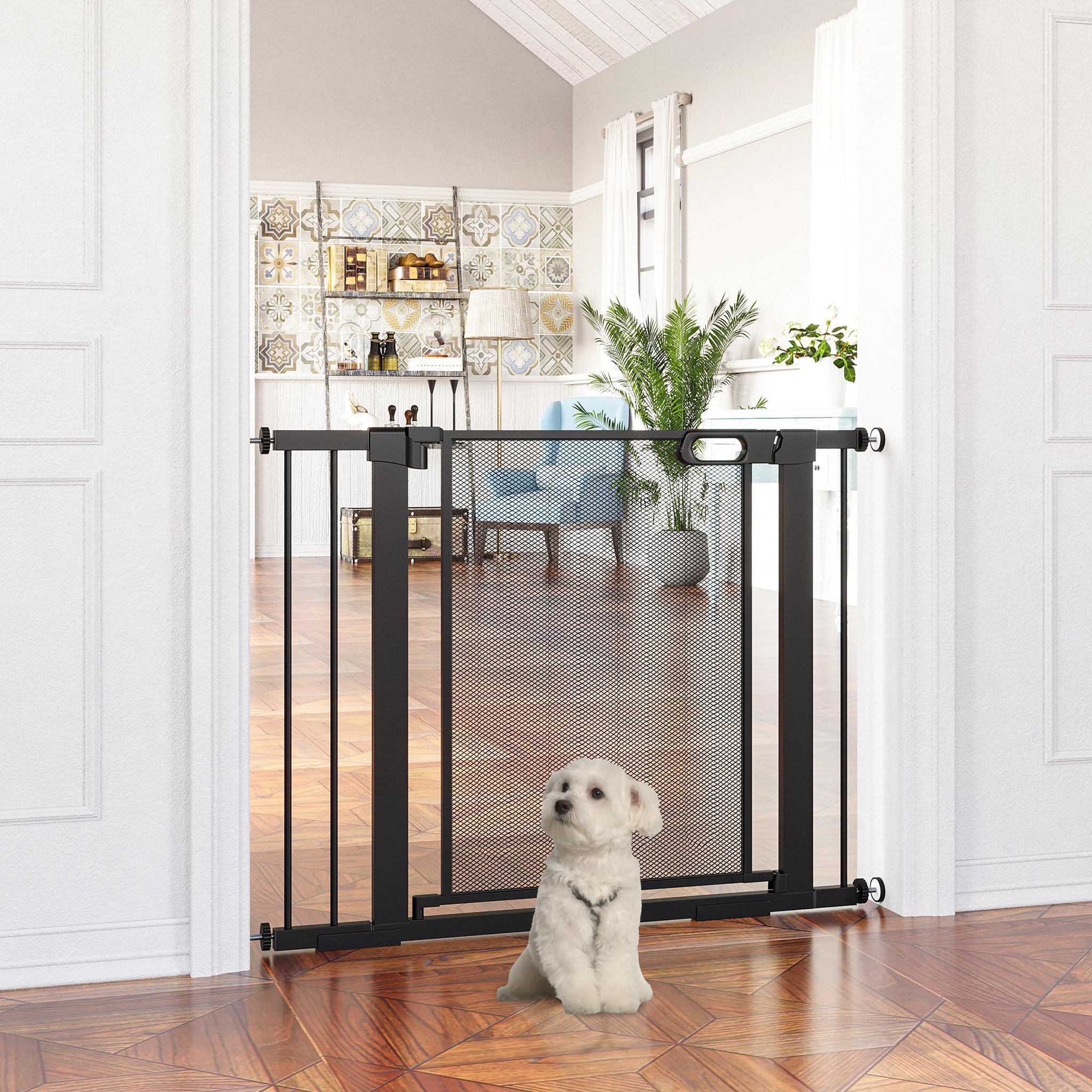Voir la diapositive 2 : PAWHUT Barrière de sécurité animaux - longueur réglable dim. 75-103 cm - porte double verrouillage, ouverture double sens -sans perçage - acier abs noir