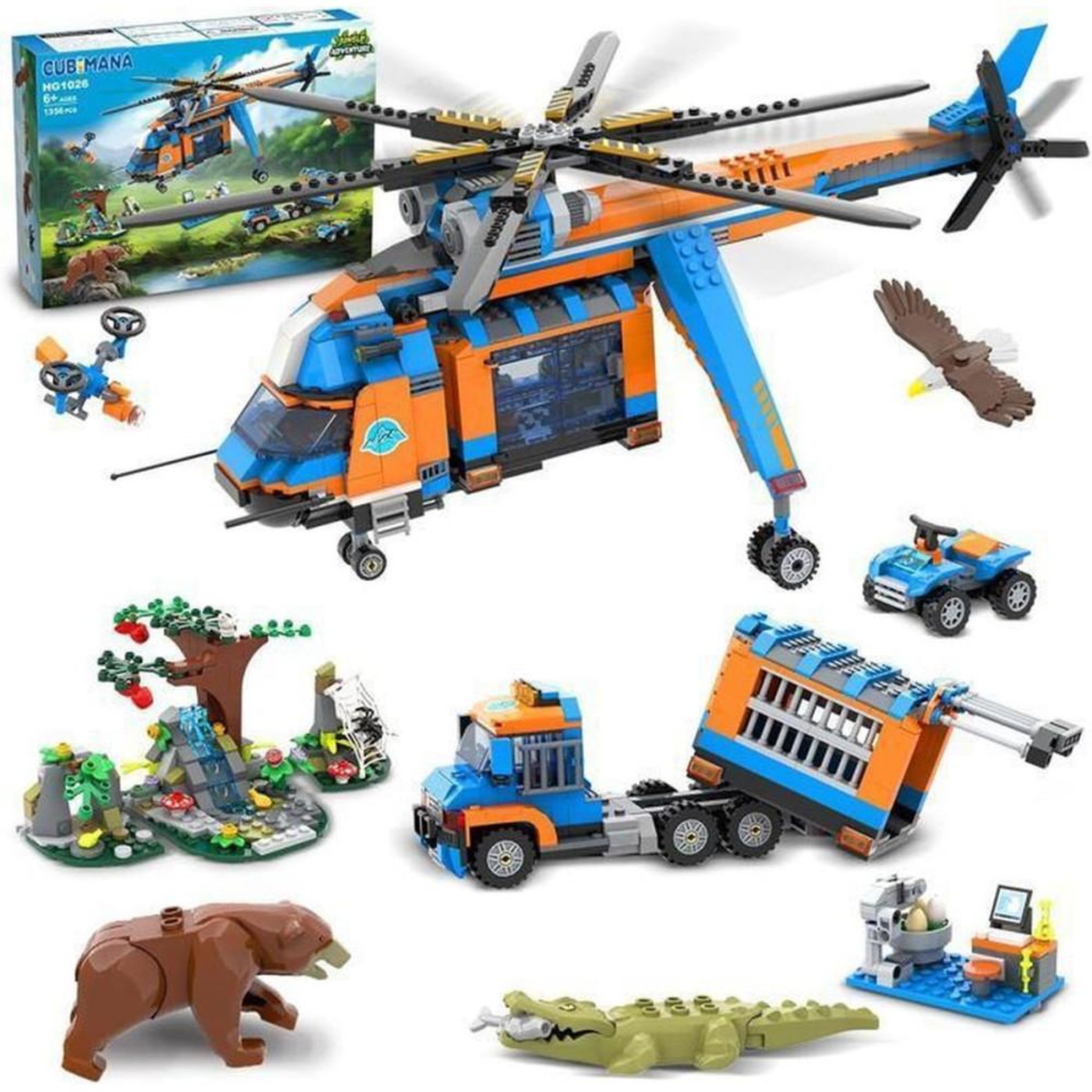 Kit de construction Jungle Rescue 1356 pièces avec hélicoptère de secours et cabines amovibles