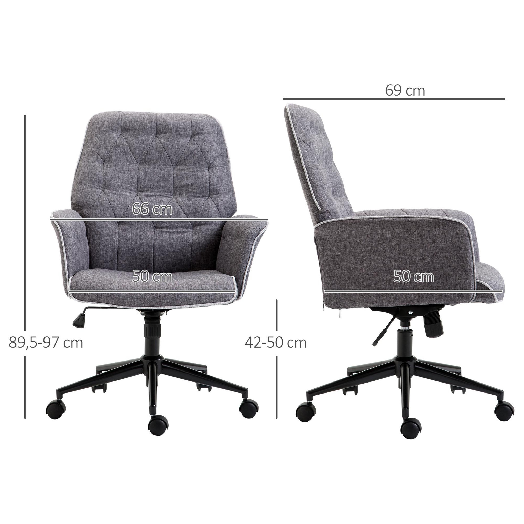 Voir la diapositive 3 : HOMCOM Fauteuil de bureau chaise de bureau hauteur réglable roulettes pivotant 360° tissu chanvre 69L x 66l x 89,5-97H cm gris chiné