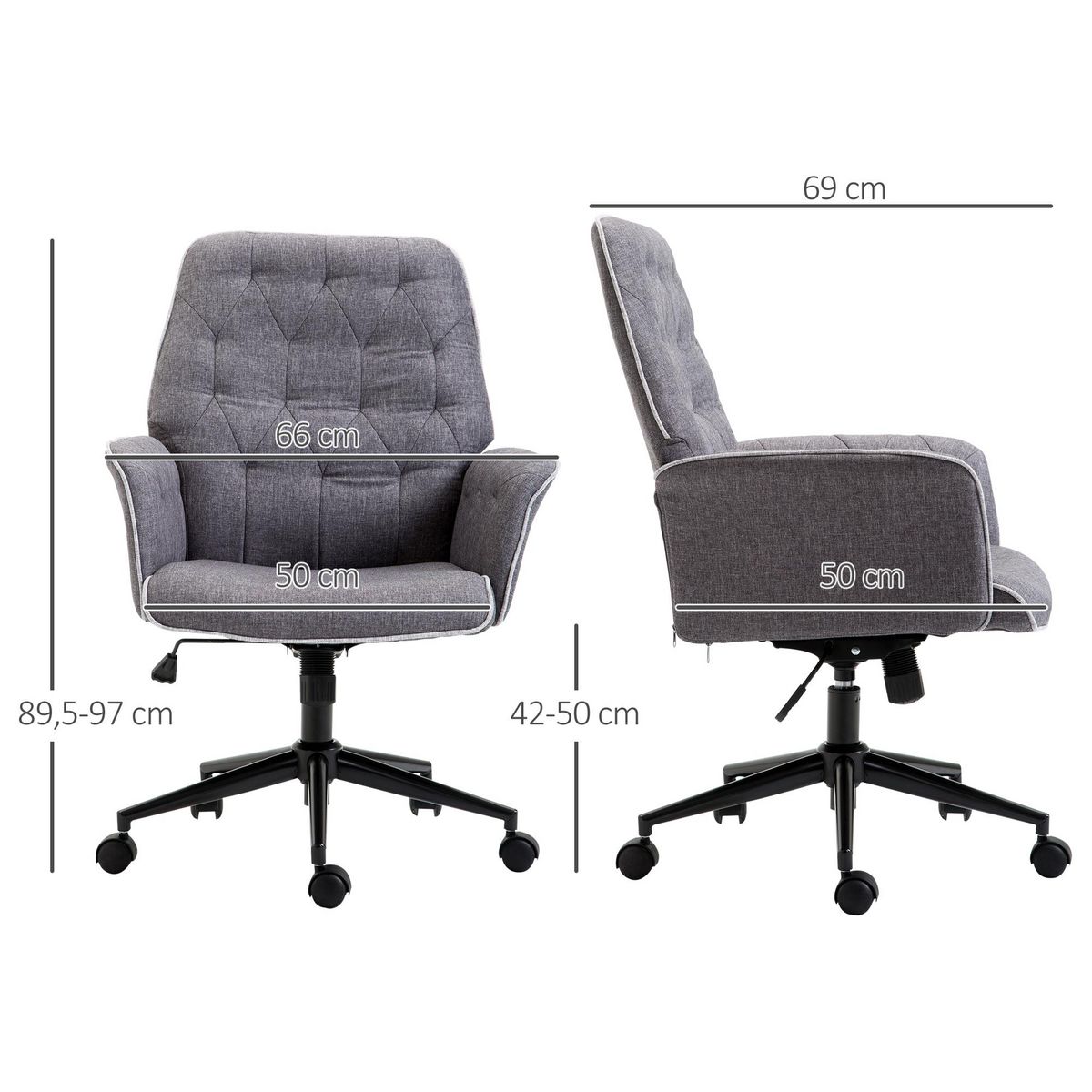 HOMCOM Fauteuil de bureau chaise de bureau hauteur réglable roulettes pivotant 360° tissu chanvre 69L x 66l x 89,5-97H cm gris chiné
