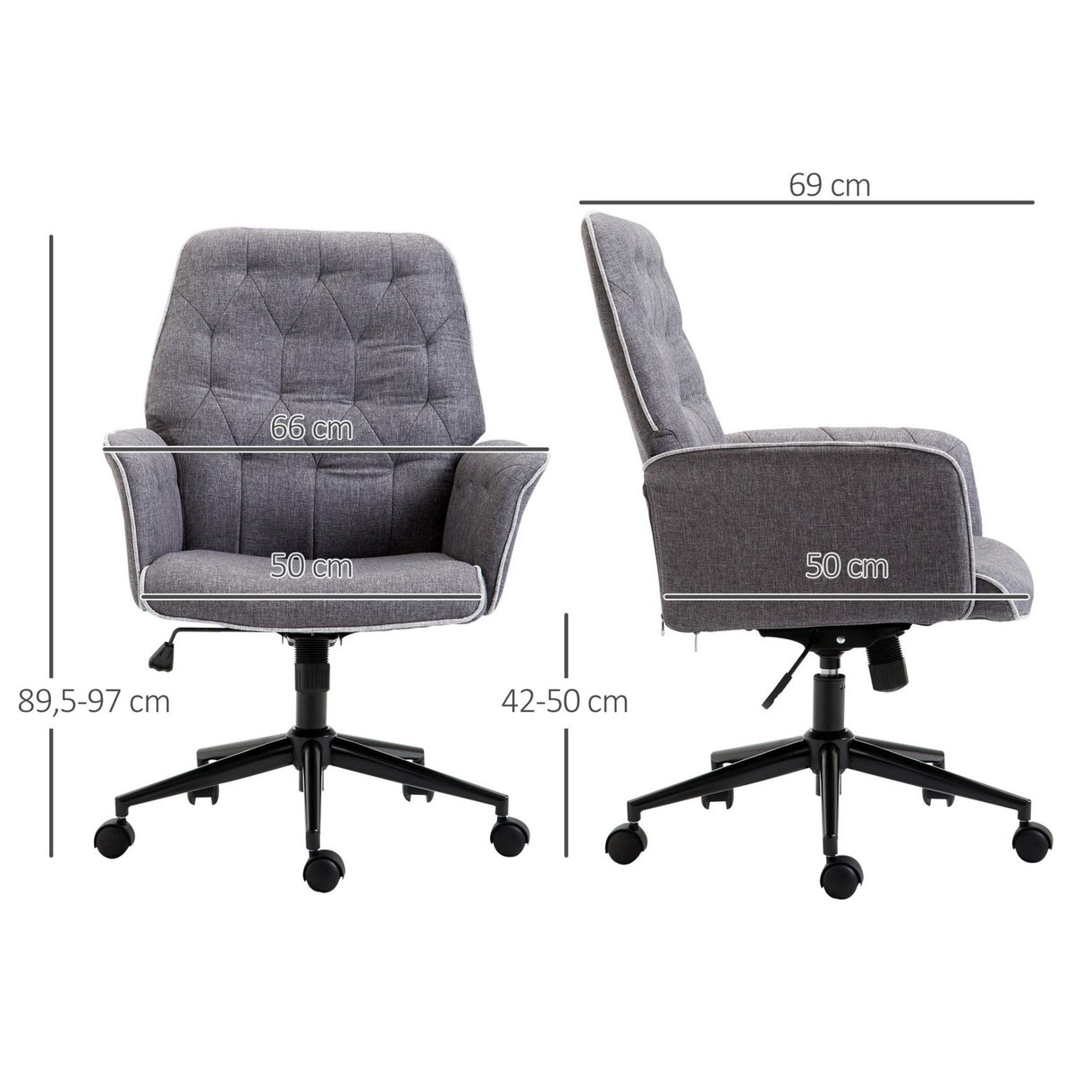 HOMCOM Fauteuil de bureau chaise de bureau hauteur réglable roulettes pivotant 360° tissu chanvre 69L x 66l x 89,5-97H cm gris chiné