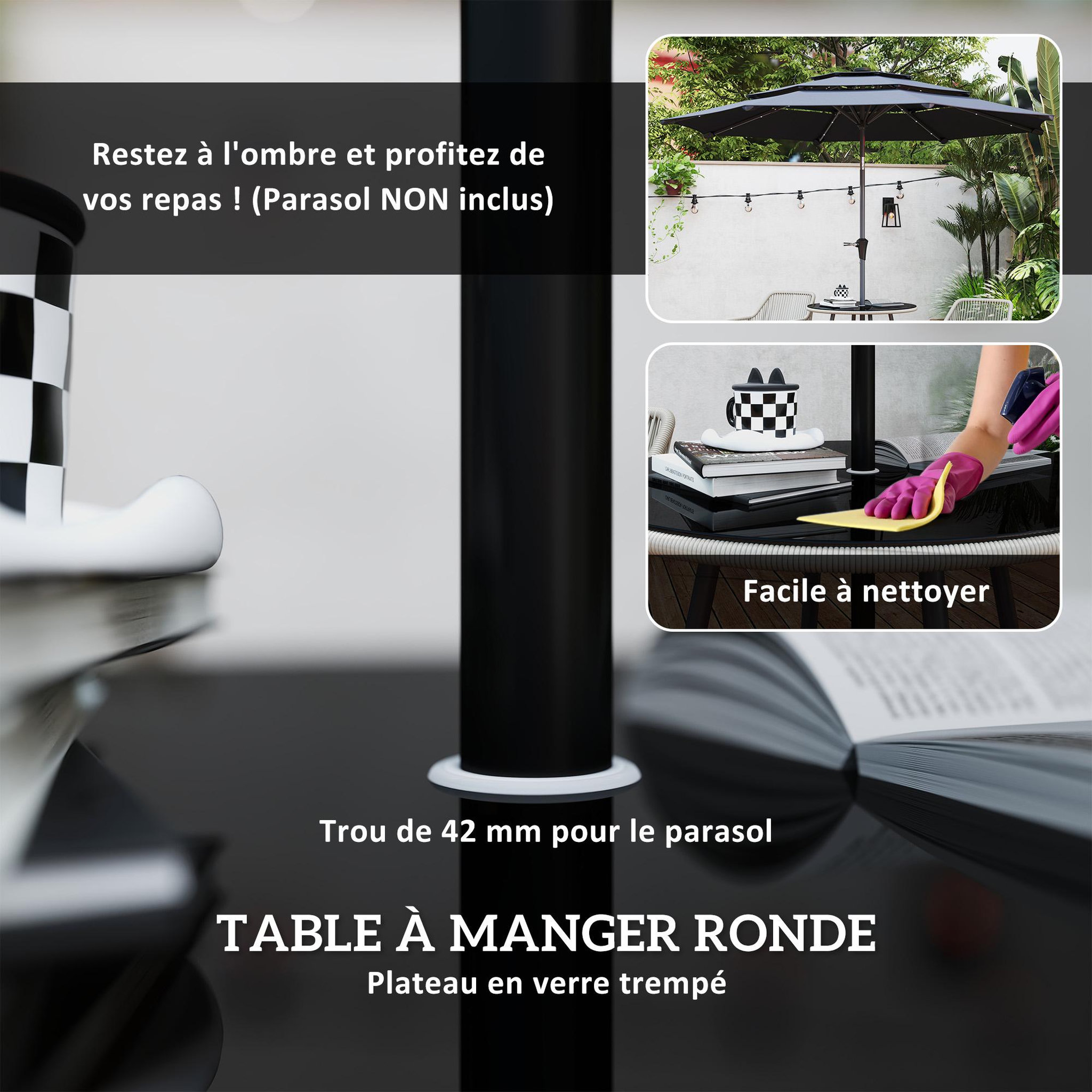 Voir la diapositive 6 : OUTSUNNY Salon de jardin 3 pièces 2 places avec coussins plateau table verre trempé noir résine filaire gris
