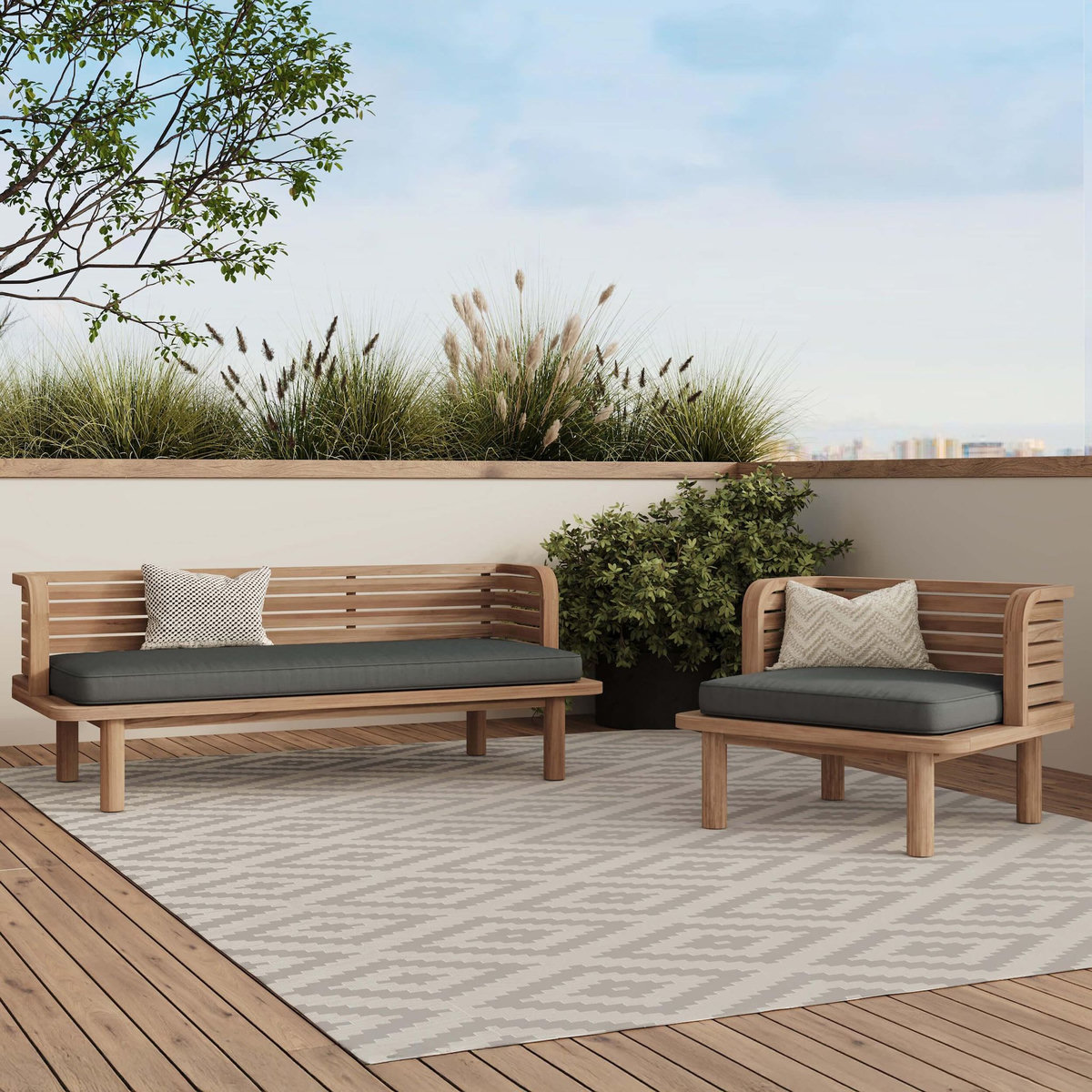 Rendez vous déco Canapé et fauteuil de jardin 3 places en teck massif, tissu gris-Kilda