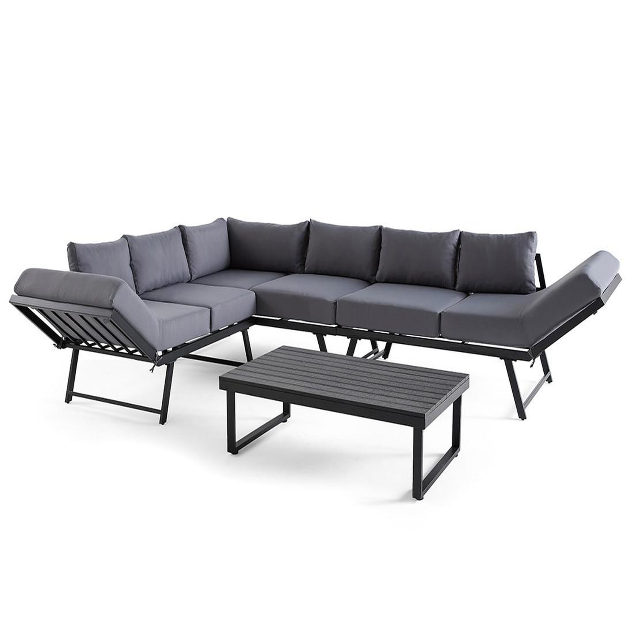 Voir la diapositive 2 : BEST MOBILIER Konna – salon de jardin d'angle en acier noir – 5 places - coussin gris et table incluse