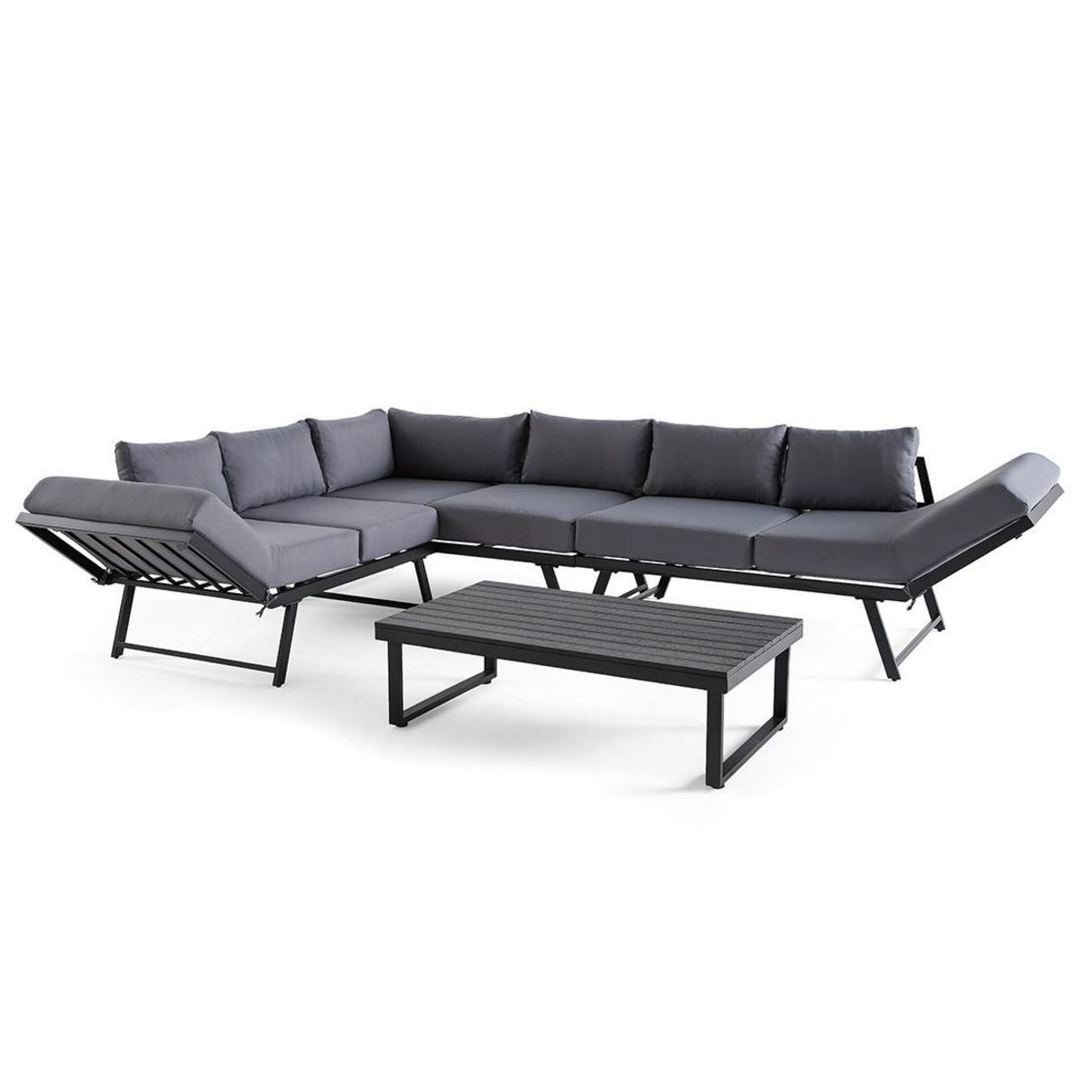 BEST MOBILIER Konna – salon de jardin d'angle en acier noir – 5 places - coussin gris et table incluse