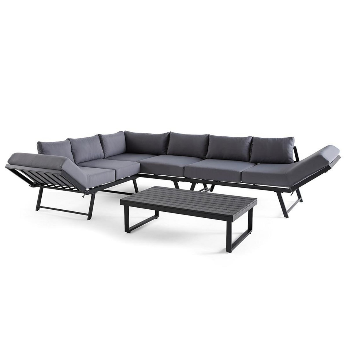 BEST MOBILIER Konna – salon de jardin d'angle en acier noir – 5 places - coussin gris et table incluse