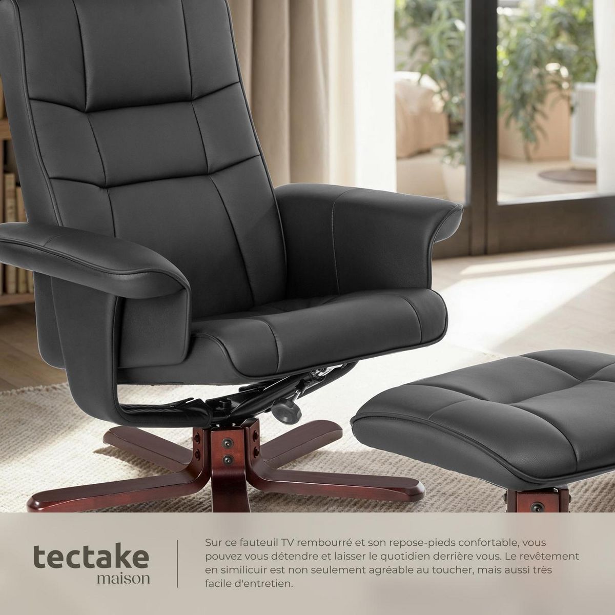 tectake Fauteuil relax avec pied en croix avec repose-pieds noir/marron