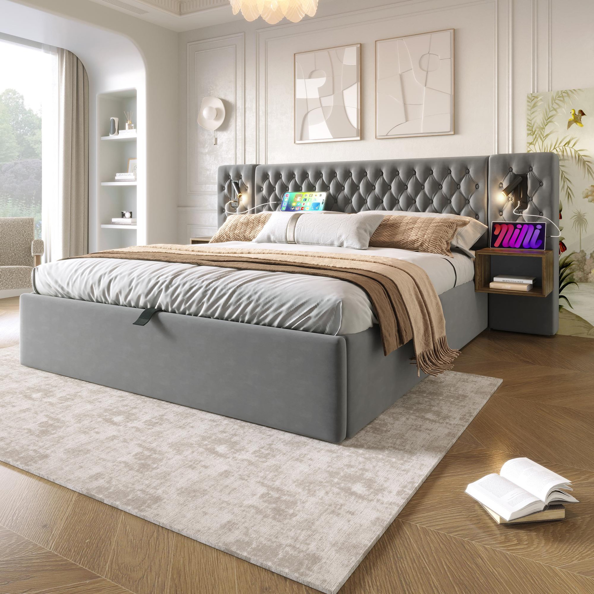 Voir la diapositive 4 : MERAX Lit coffre velours avec 2 chevets, liseuses led usb et tête de lit