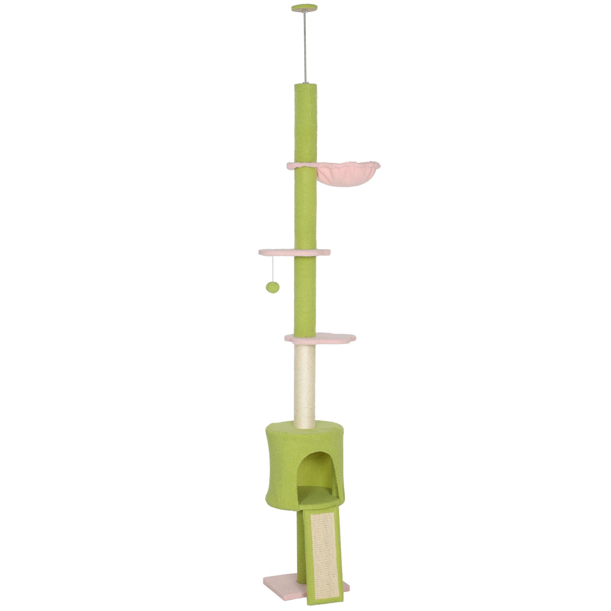PAWHUT Arbre à chat du sol au plafond réglable h.220-240cm - 5 niveaux - griffoirs, grattoir - bouclette vert