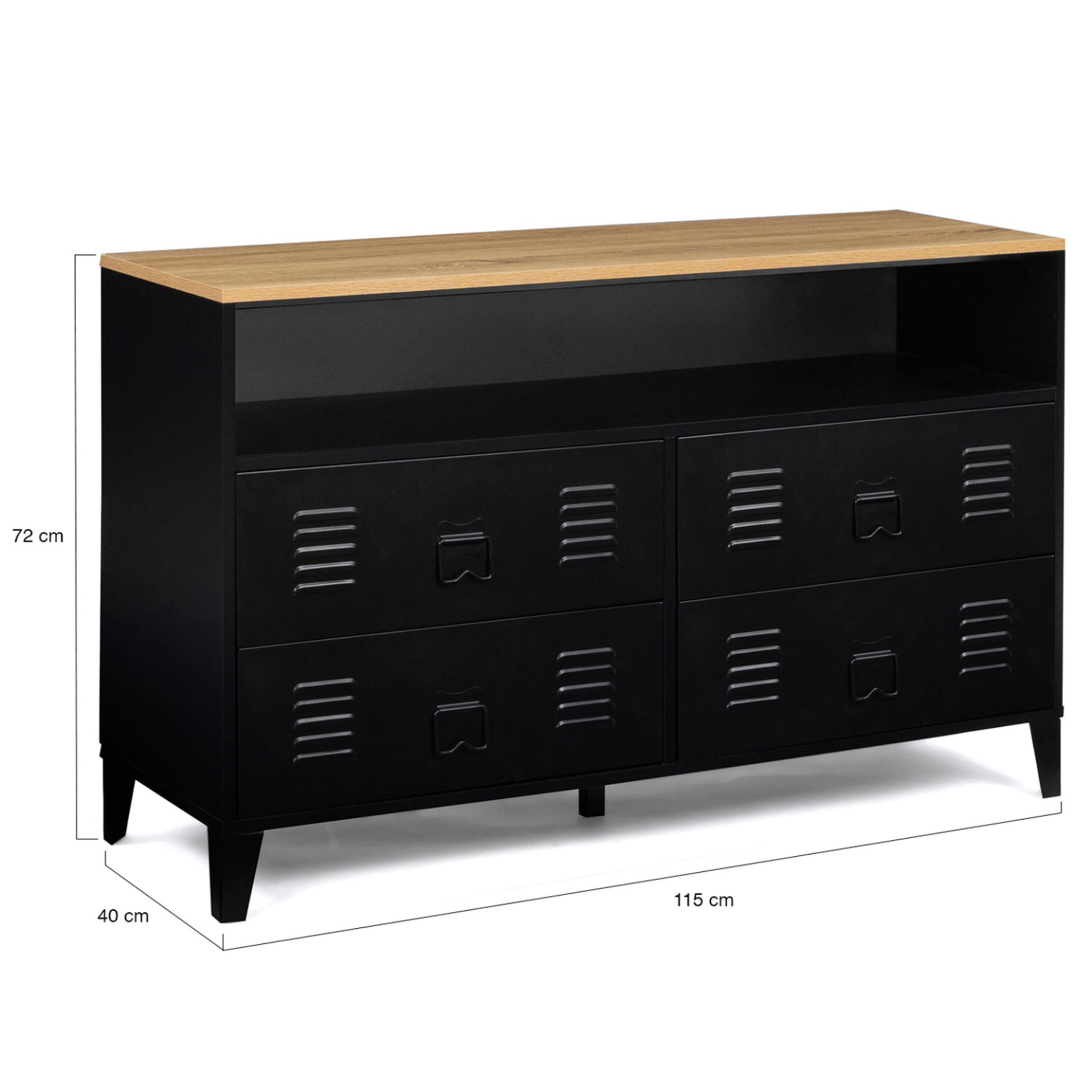 Voir la diapositive 5 : ID MARKET Commode 4 tiroirs ester 115 cm métal noir et plateau façon hêtre avec niche design industriel