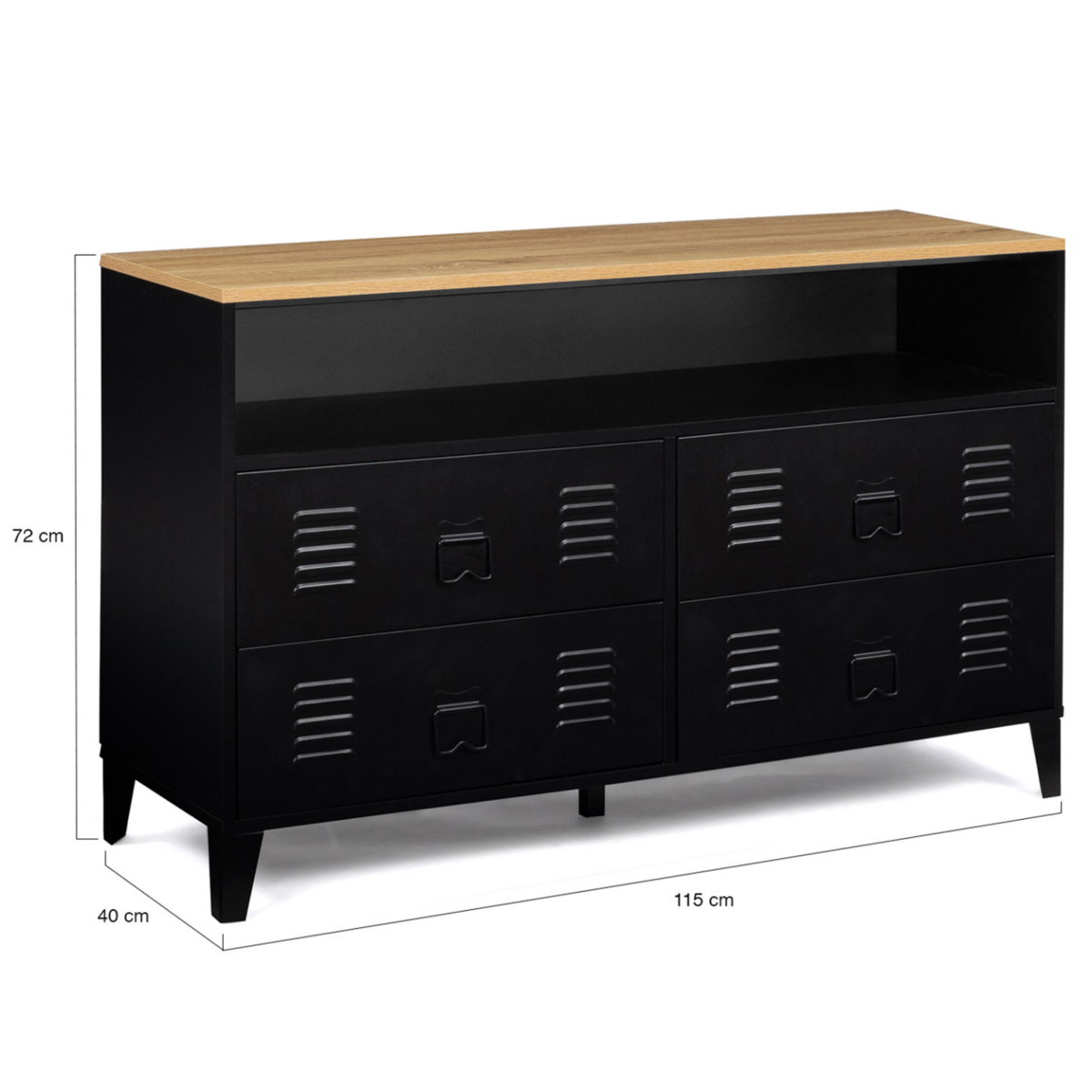 ID MARKET Commode 4 tiroirs ESTER 115 cm métal noir et plateau façon hêtre avec niche design industriel