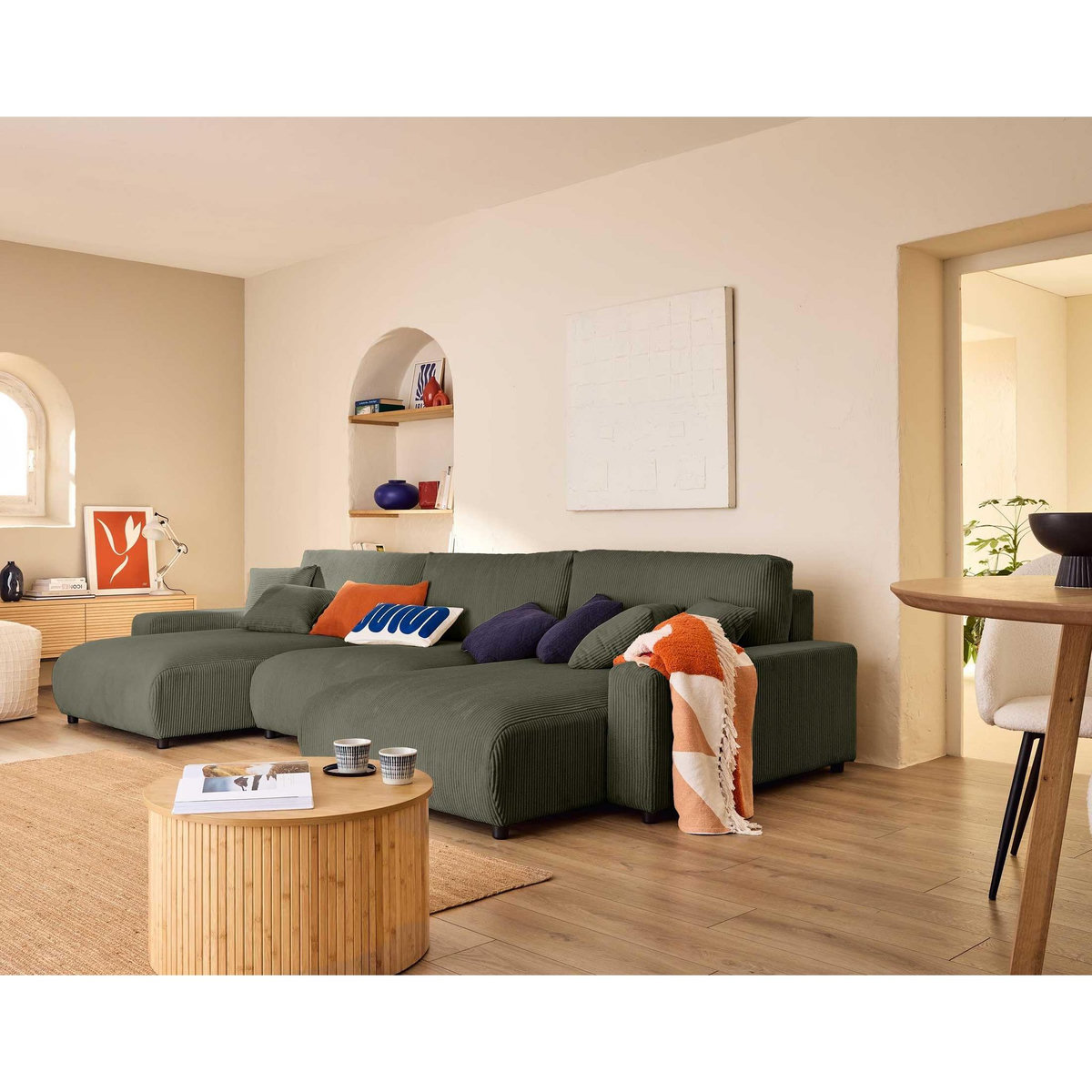 LISA DESIGN Pivoine - canapé panoramique en u - 7 places - convertible avec coffre - en velours côtelé