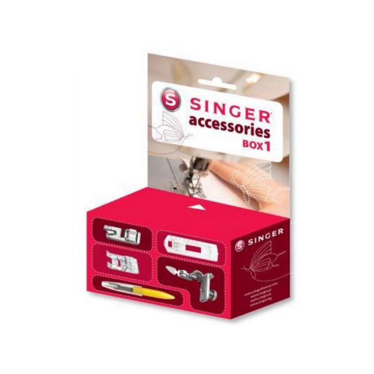 SINGER accessoires electromenager Box1 Lot de Pieds de Biche : Pied Ourleur Pour Zig-Zag Pied Presseur et Pied pour Fermetures Eclair