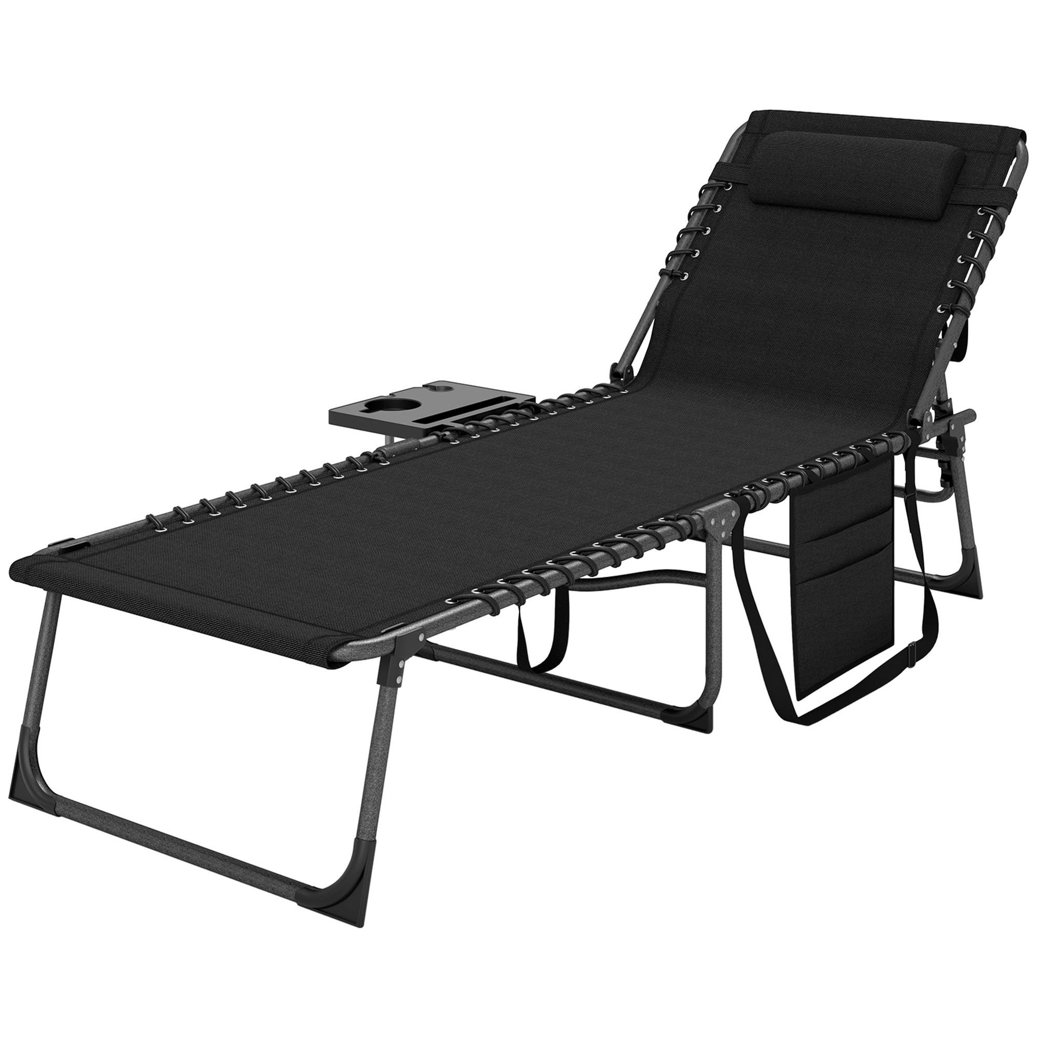 OUTSUNNY Bain de soleil transat pliable inclinable avec poignée, plateau et pochette rangement acier oxford noir