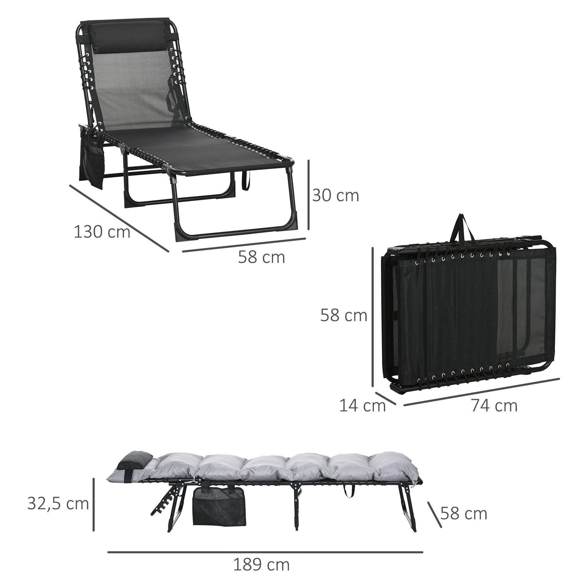 Voir la diapositive 3 : OUTSUNNY Bain de soleil transat pliable inclinable avec poignée, pochette rangement et matelas grand confort gris